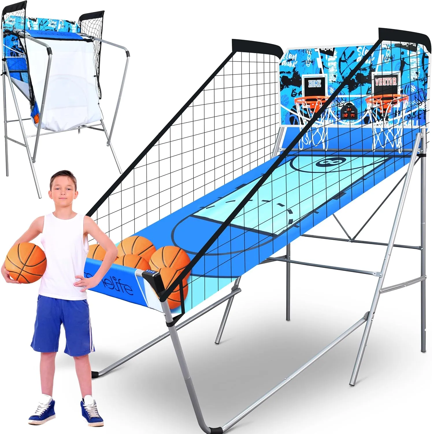SereneLife Arcade Basketball Game Indoor Shootout, Heavy Duty Foldable Dual Hoop with Electronic Shot Scoreboard, Play Timer, Pre-Assembled Frame