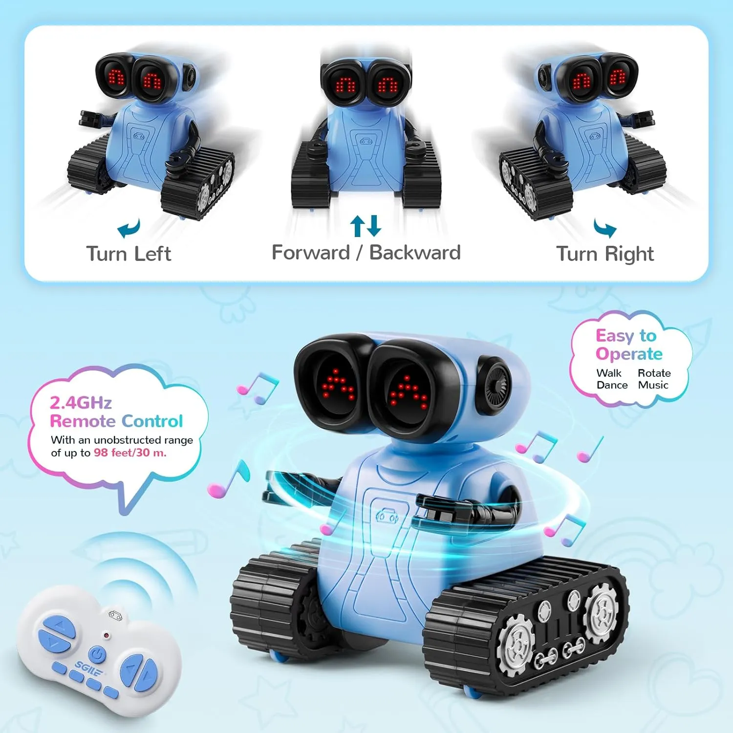SGILE Remote Control Robot Toys with Music and Led Emojis Eyes, Auto-Demonstration, RC Rechargeable Emo Robots for Kids Age 3 4 5 6 7 Year Old Girls and Boys Gift Blue