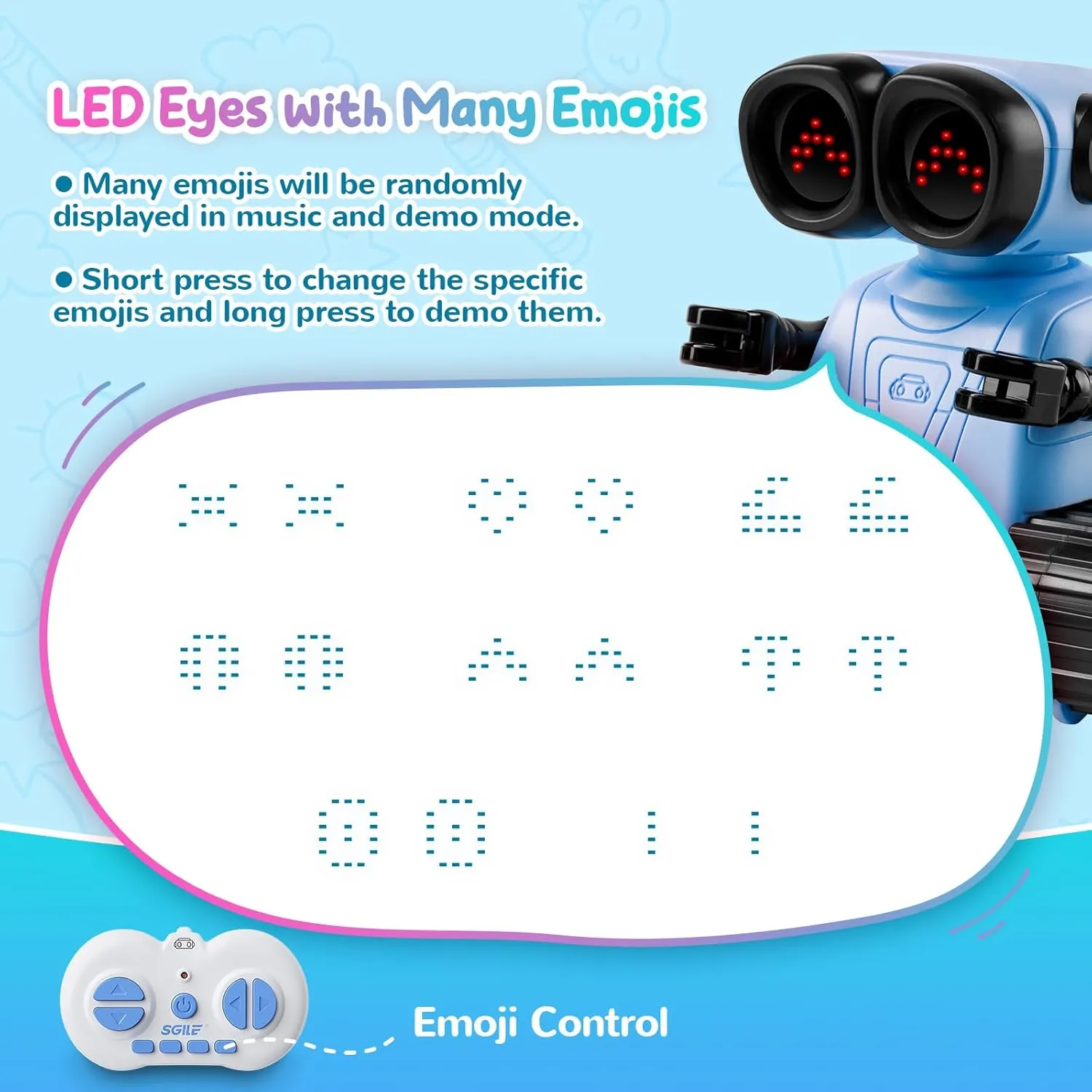 SGILE Remote Control Robot Toys with Music and Led Emojis Eyes, Auto-Demonstration, RC Rechargeable Emo Robots for Kids Age 3 4 5 6 7 Year Old Girls and Boys Gift Blue