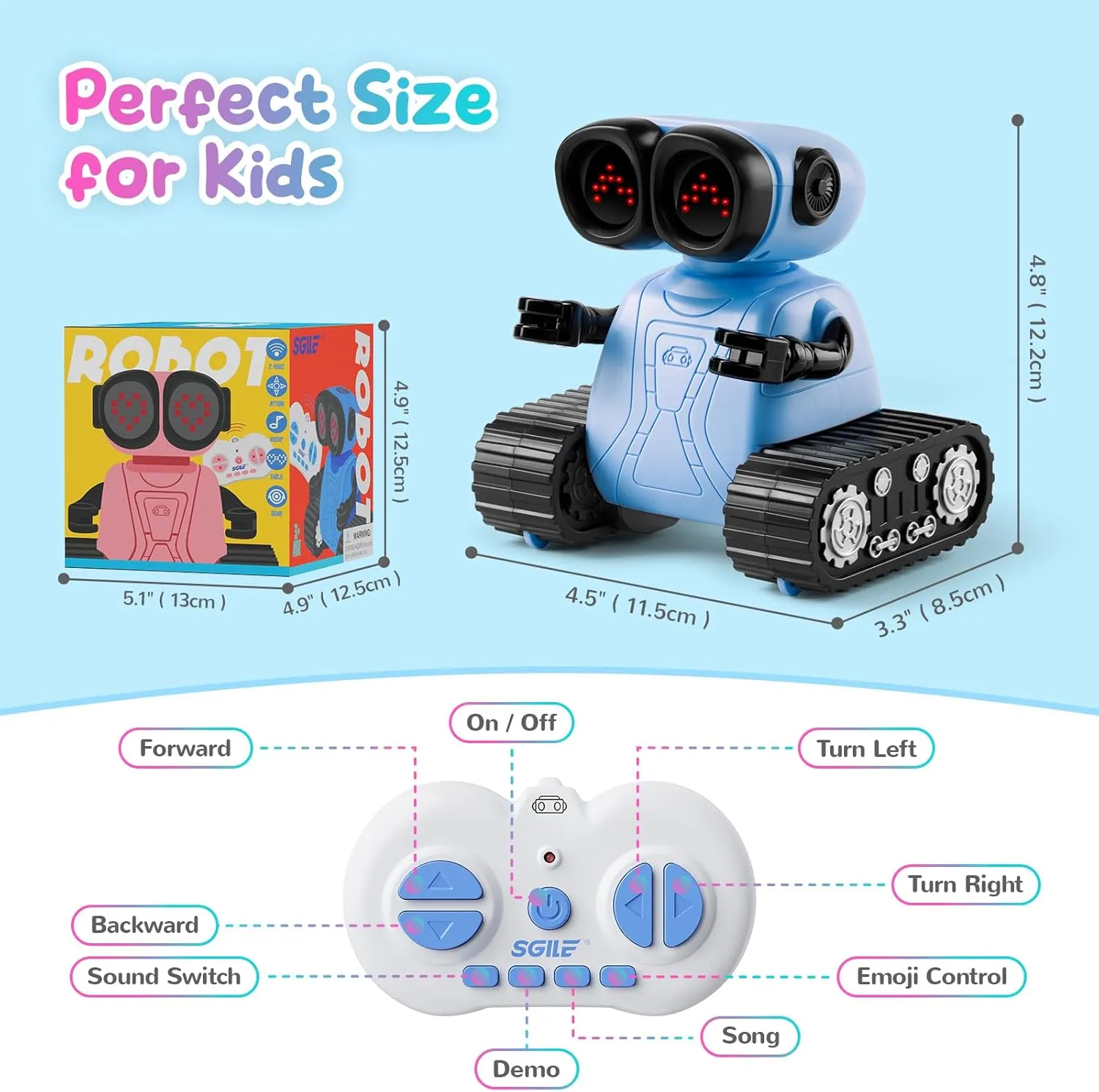 SGILE Remote Control Robot Toys with Music and Led Emojis Eyes, Auto-Demonstration, RC Rechargeable Emo Robots for Kids Age 3 4 5 6 7 Year Old Girls and Boys Gift Blue