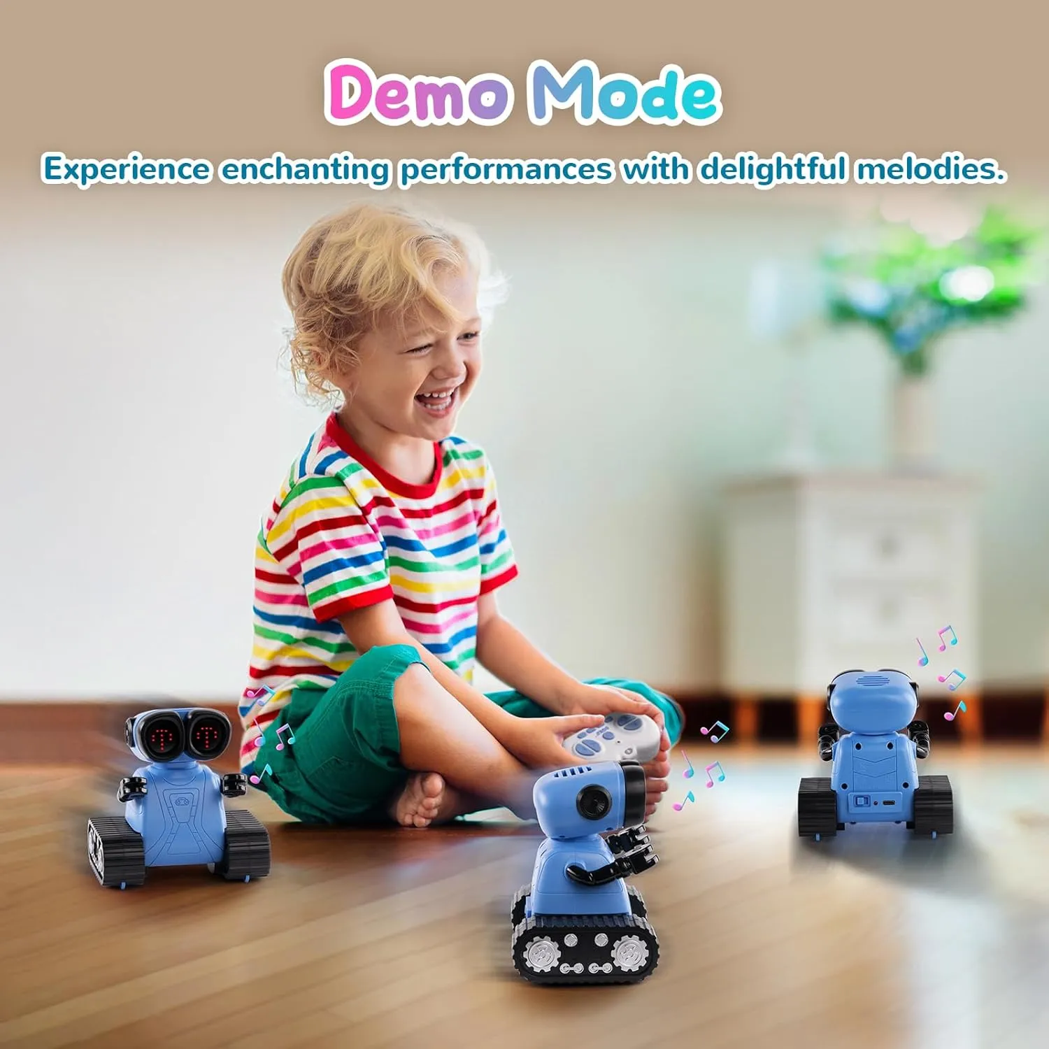 SGILE Remote Control Robot Toys with Music and Led Emojis Eyes, Auto-Demonstration, RC Rechargeable Emo Robots for Kids Age 3 4 5 6 7 Year Old Girls and Boys Gift Blue