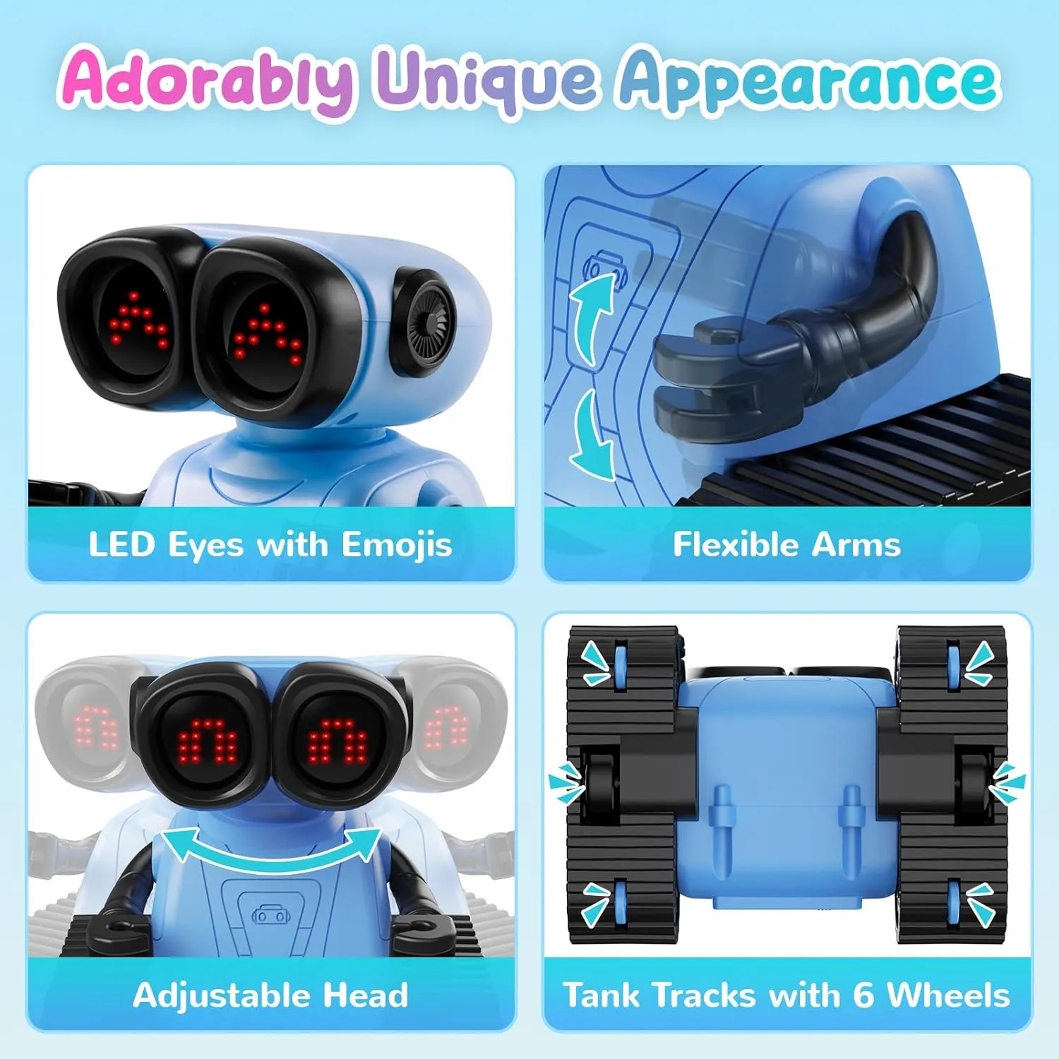 SGILE Remote Control Robot Toys with Music and Led Emojis Eyes, Auto-Demonstration, RC Rechargeable Emo Robots for Kids Age 3 4 5 6 7 Year Old Girls and Boys Gift Blue