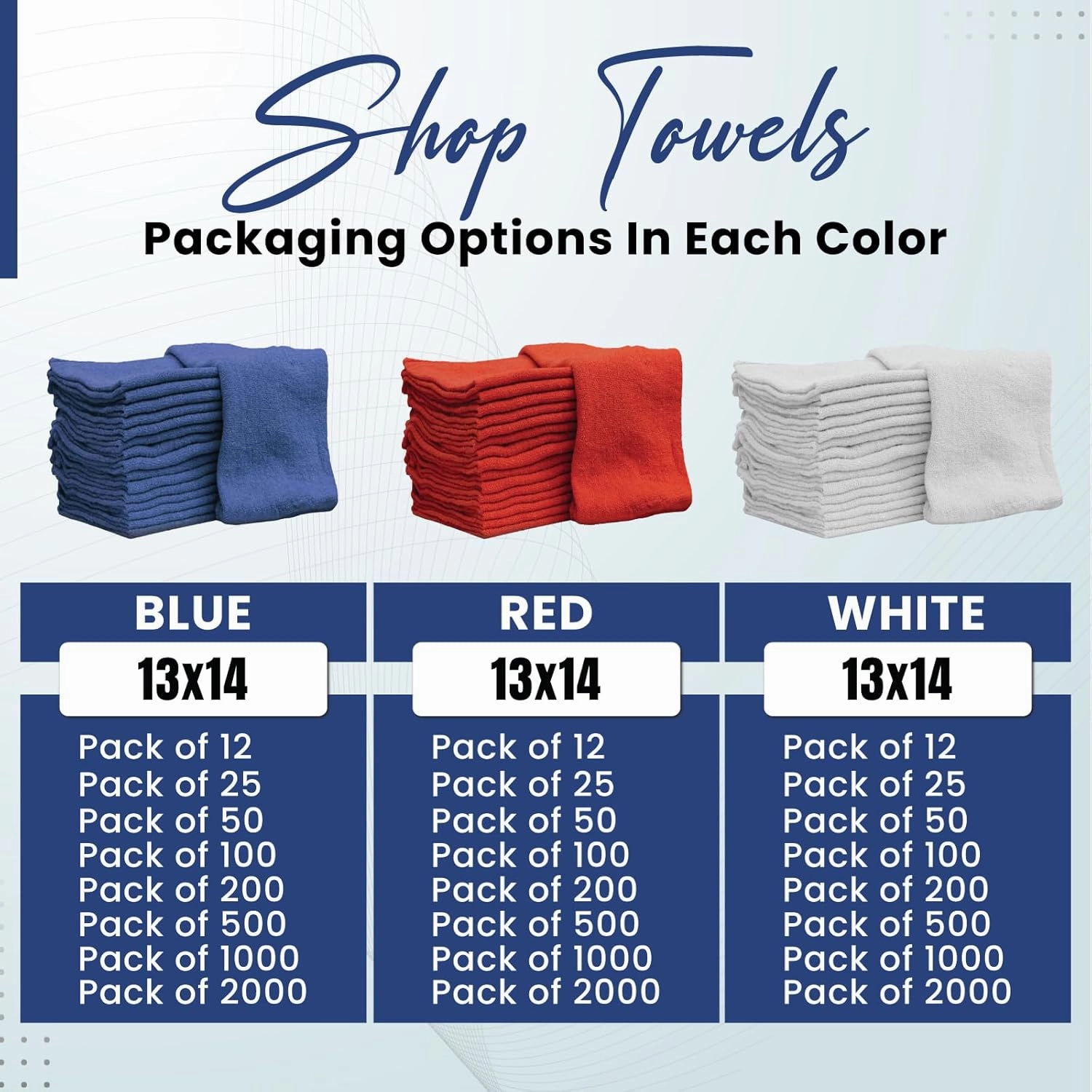 Shop Towels - Bulk Cleaning Towel in a Bag, Mechanic Cotton Wipes for Car Maintenance, Auto Mechanics & Garage, Wipe Grease & Oil, Machine Wash & Reusable (Blue, 50-Pack)