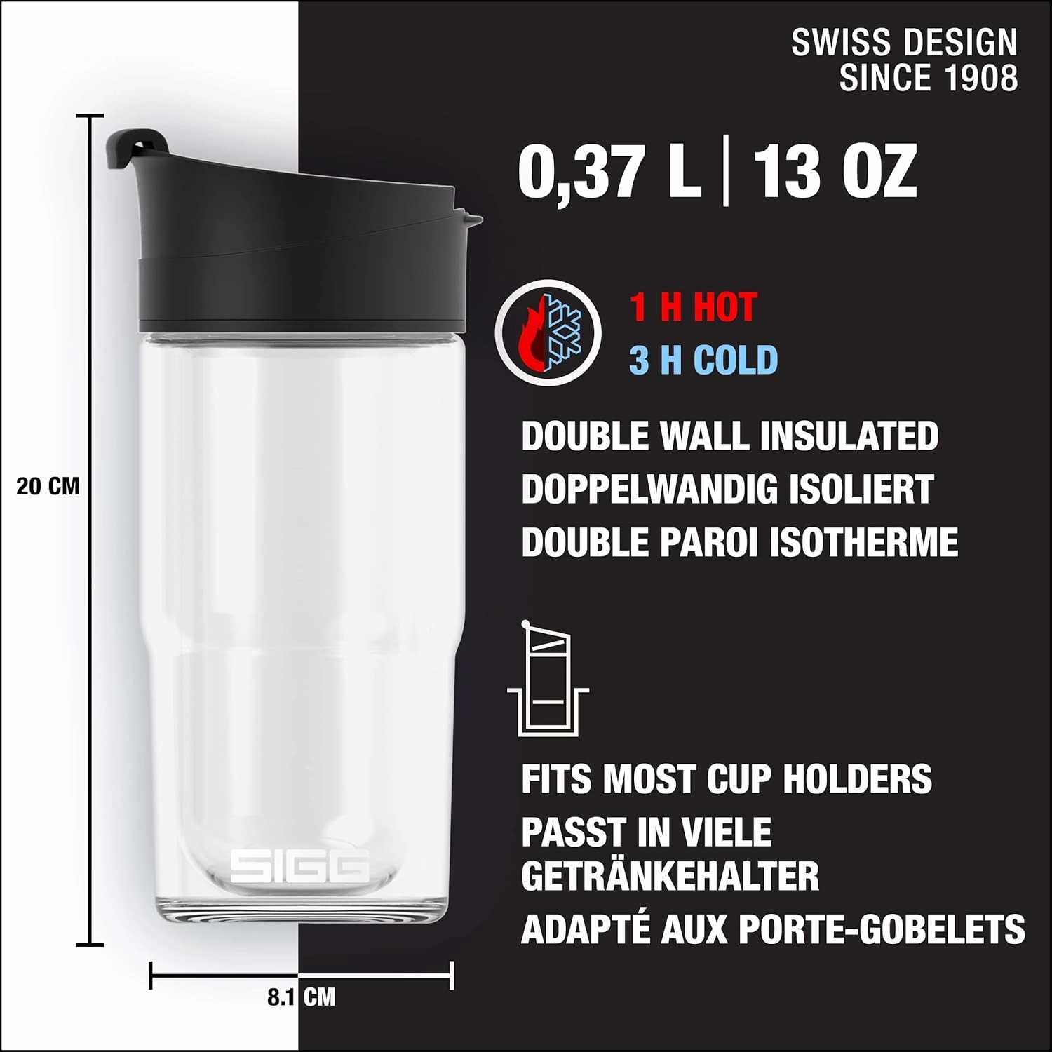 SIGG - Insulated Coffee Cup - Travel Mug Nova - Dishwasher Safe - BPA Free - Broscilate Glass - Flip Top - Black - 13 Oz