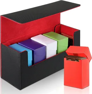 Silkfly 6 Pieces Deck Card Storage Box, 1 Leather Deck Case with 5 Plastic Card Boxes Playing Cards Box Compatible with Mtg Tcg Commander Card(Black and Red)