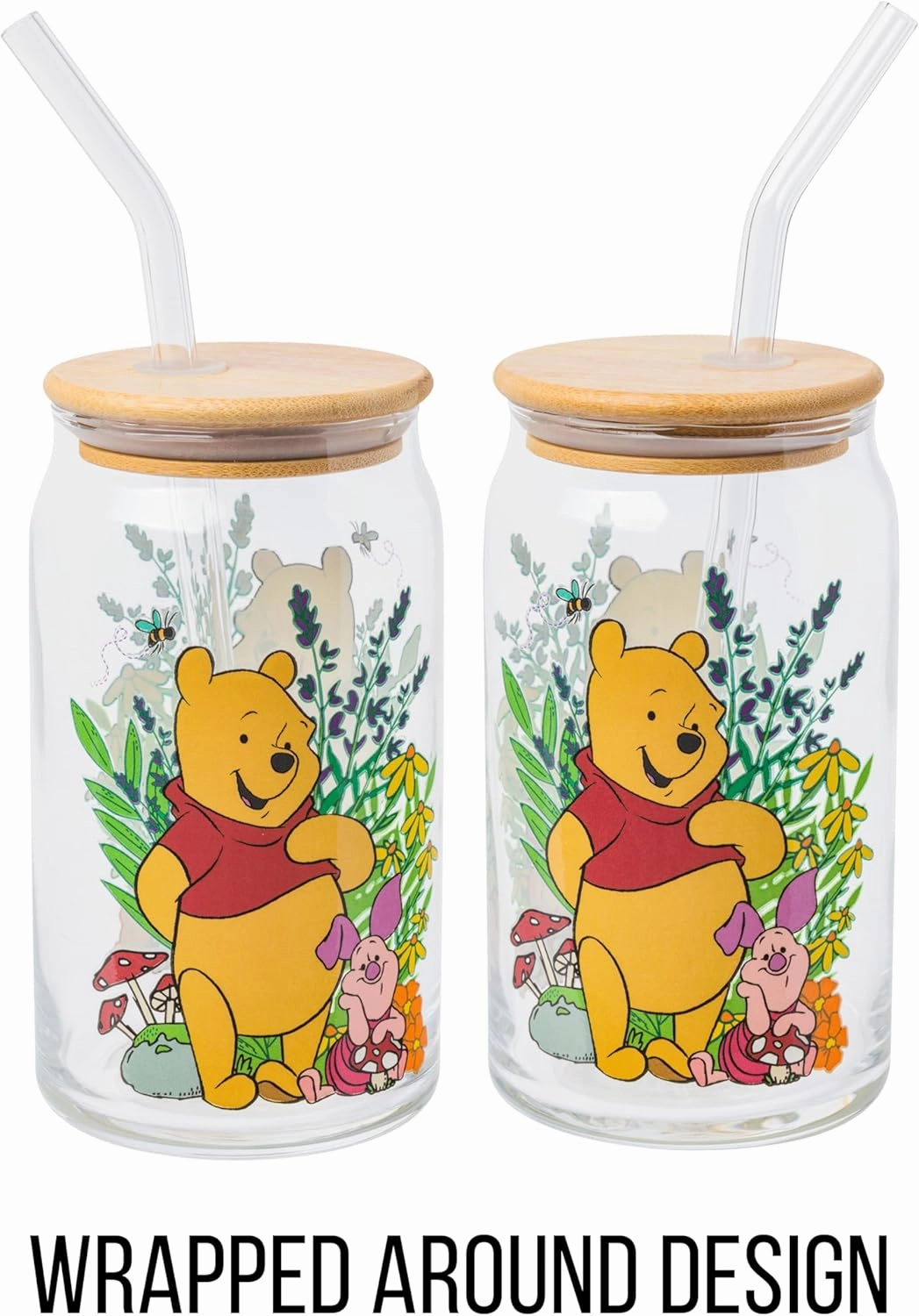 Silver Buffalo Disney Winnie the Pooh and Piglet Garden Glass Jar Tumbler with Bamboo Lid and Glass Straw, 16 Ounces