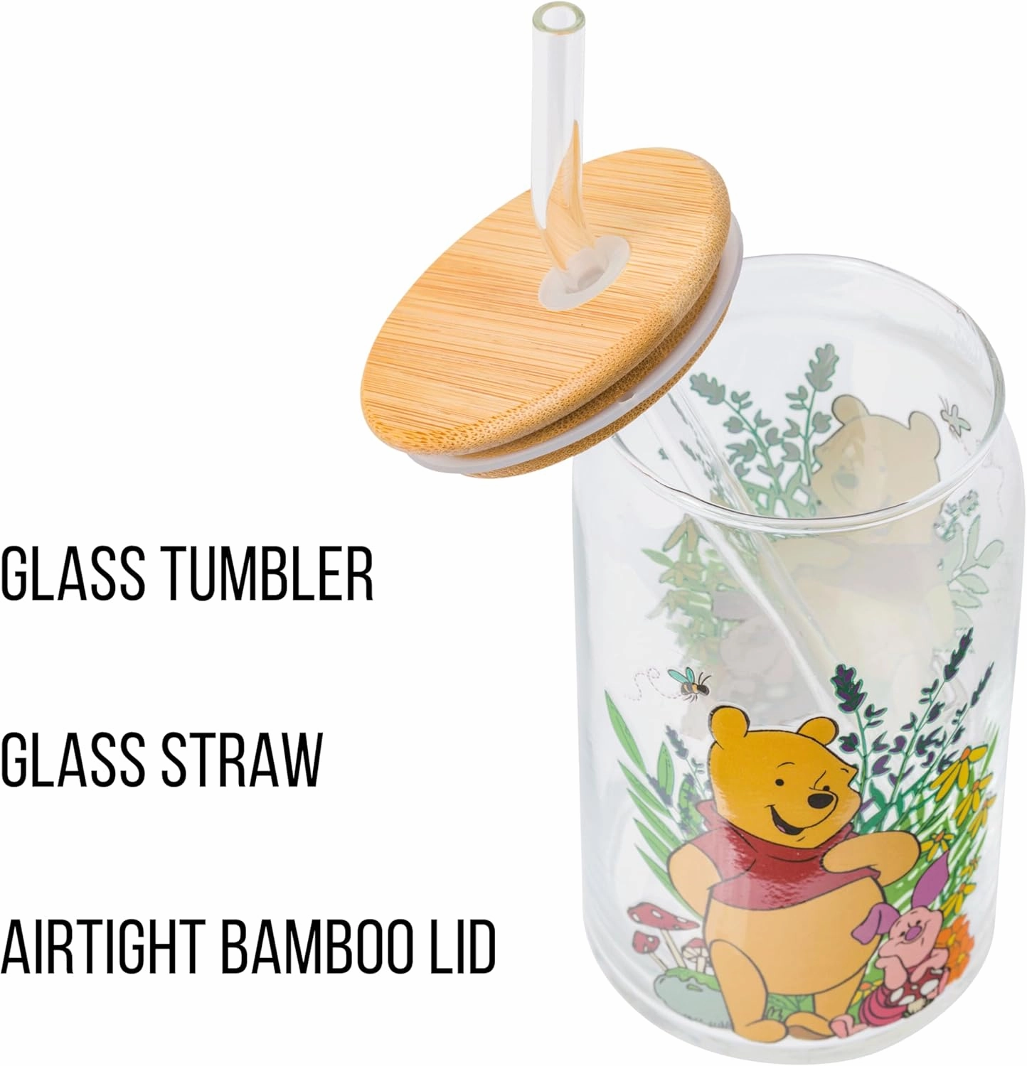 Silver Buffalo Disney Winnie the Pooh and Piglet Garden Glass Jar Tumbler with Bamboo Lid and Glass Straw, 16 Ounces