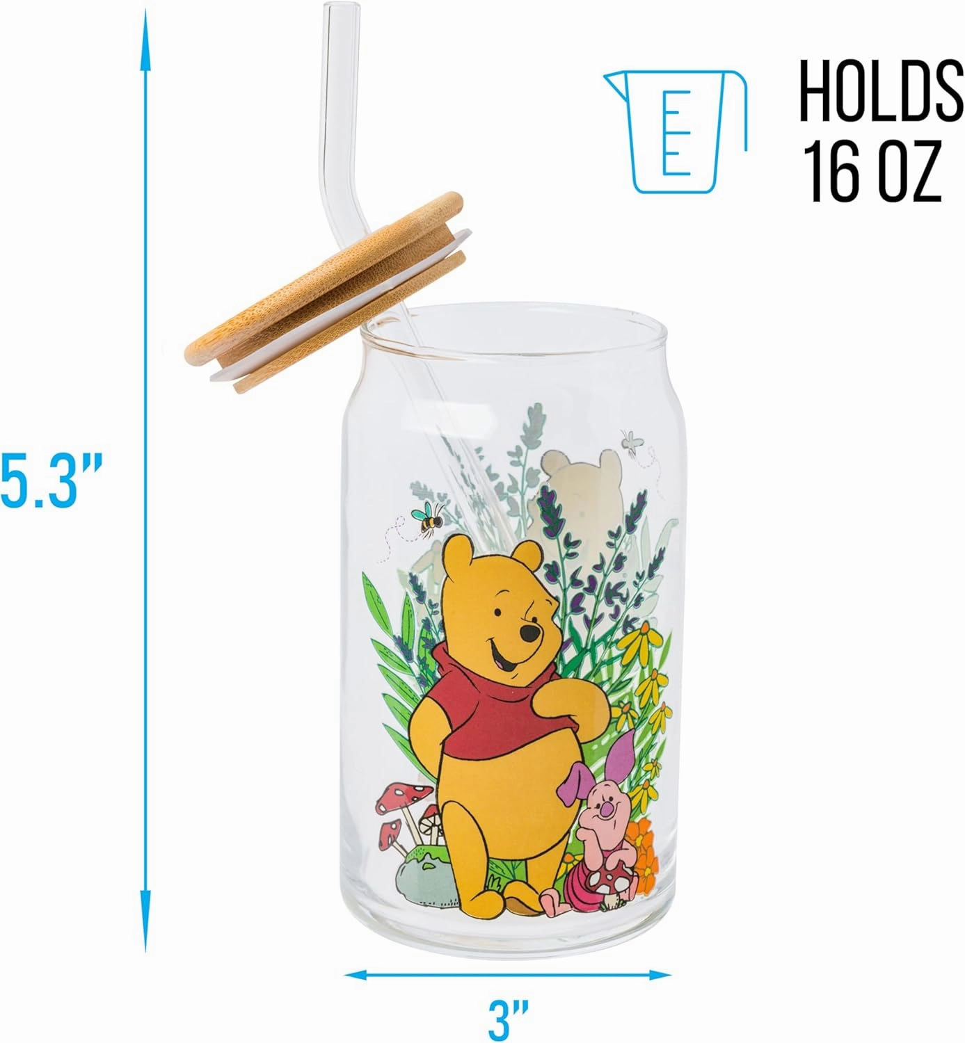 Silver Buffalo Disney Winnie the Pooh and Piglet Garden Glass Jar Tumbler with Bamboo Lid and Glass Straw, 16 Ounces