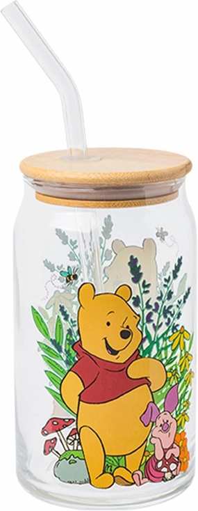 Silver Buffalo Disney Winnie the Pooh and Piglet Garden Glass Jar Tumbler with Bamboo Lid and Glass Straw, 16 Ounces