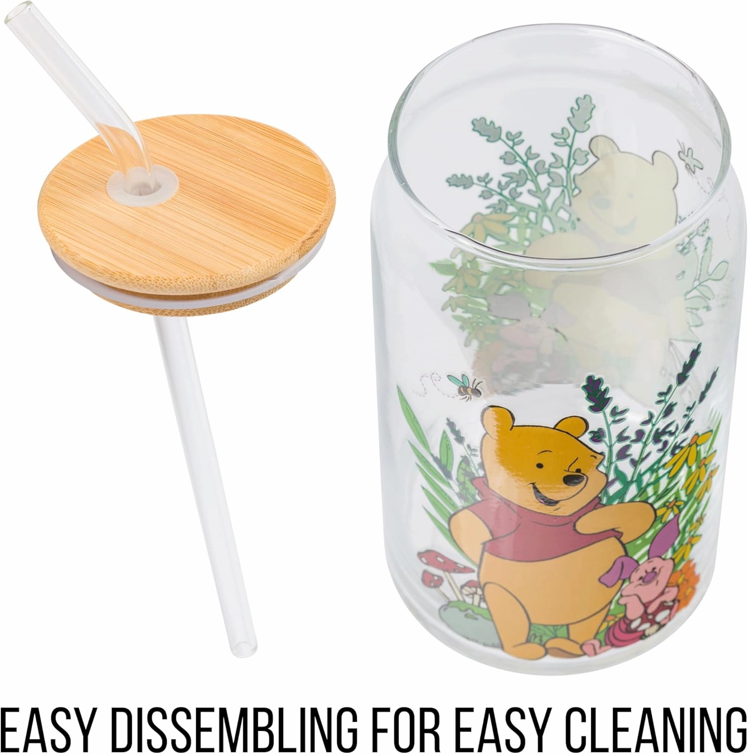 Silver Buffalo Disney Winnie the Pooh and Piglet Garden Glass Jar Tumbler with Bamboo Lid and Glass Straw, 16 Ounces