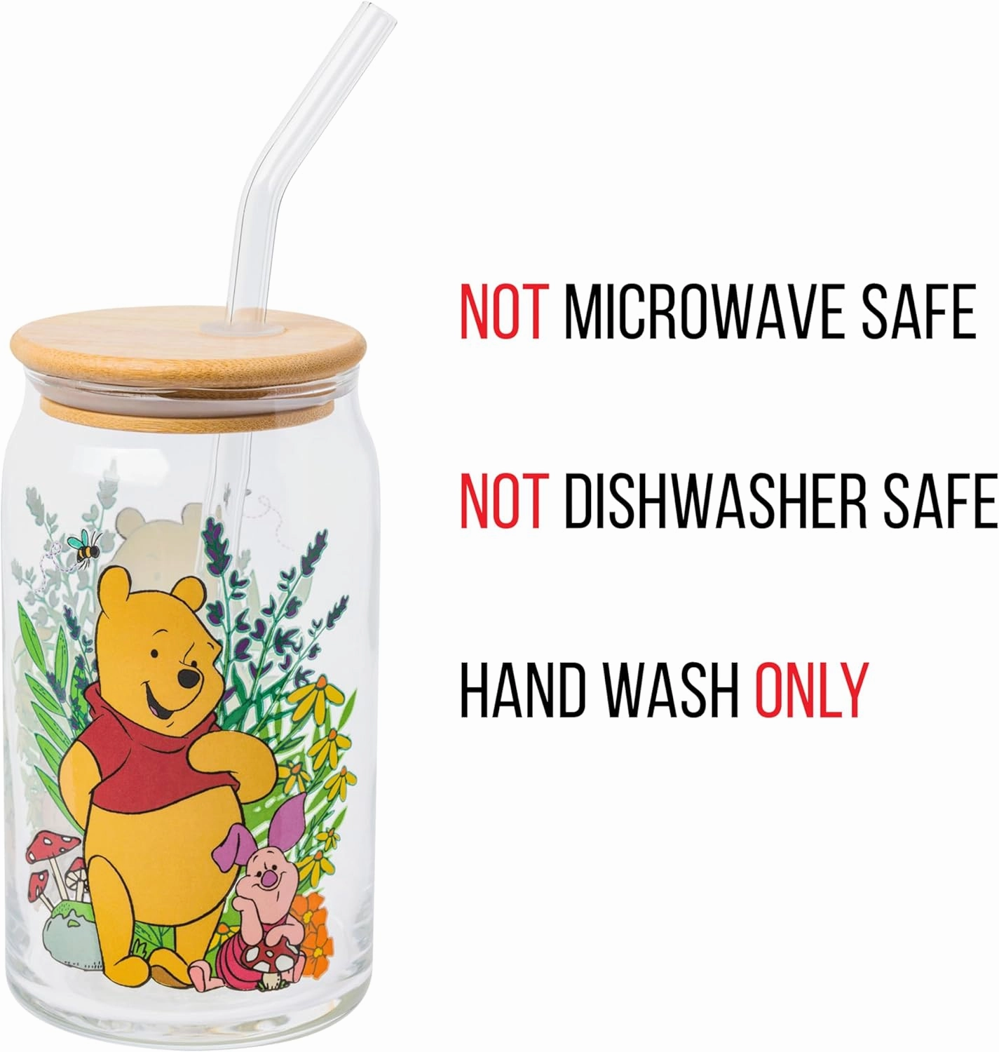Silver Buffalo Disney Winnie the Pooh and Piglet Garden Glass Jar Tumbler with Bamboo Lid and Glass Straw, 16 Ounces