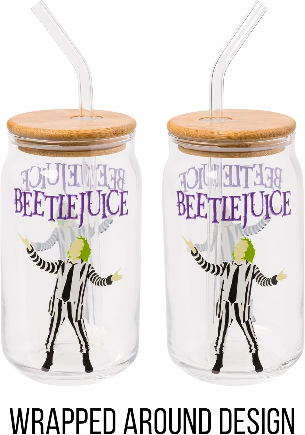 Silver Buffalo Tim Burton Beetlejuice Glass Jar Tumbler with Bamboo Lid and Glass Straw, 16 Ounces