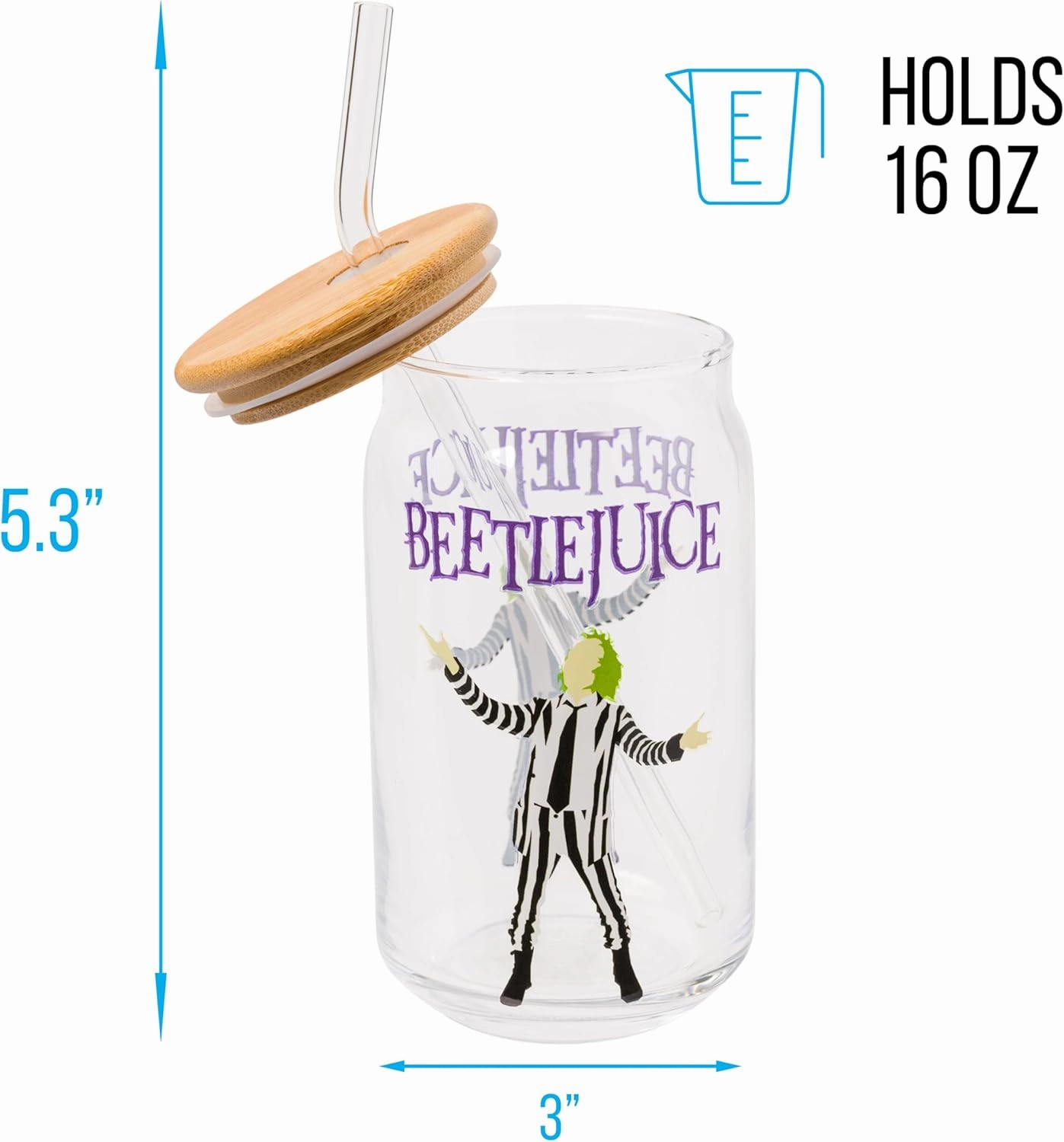 Silver Buffalo Tim Burton Beetlejuice Glass Jar Tumbler with Bamboo Lid and Glass Straw, 16 Ounces