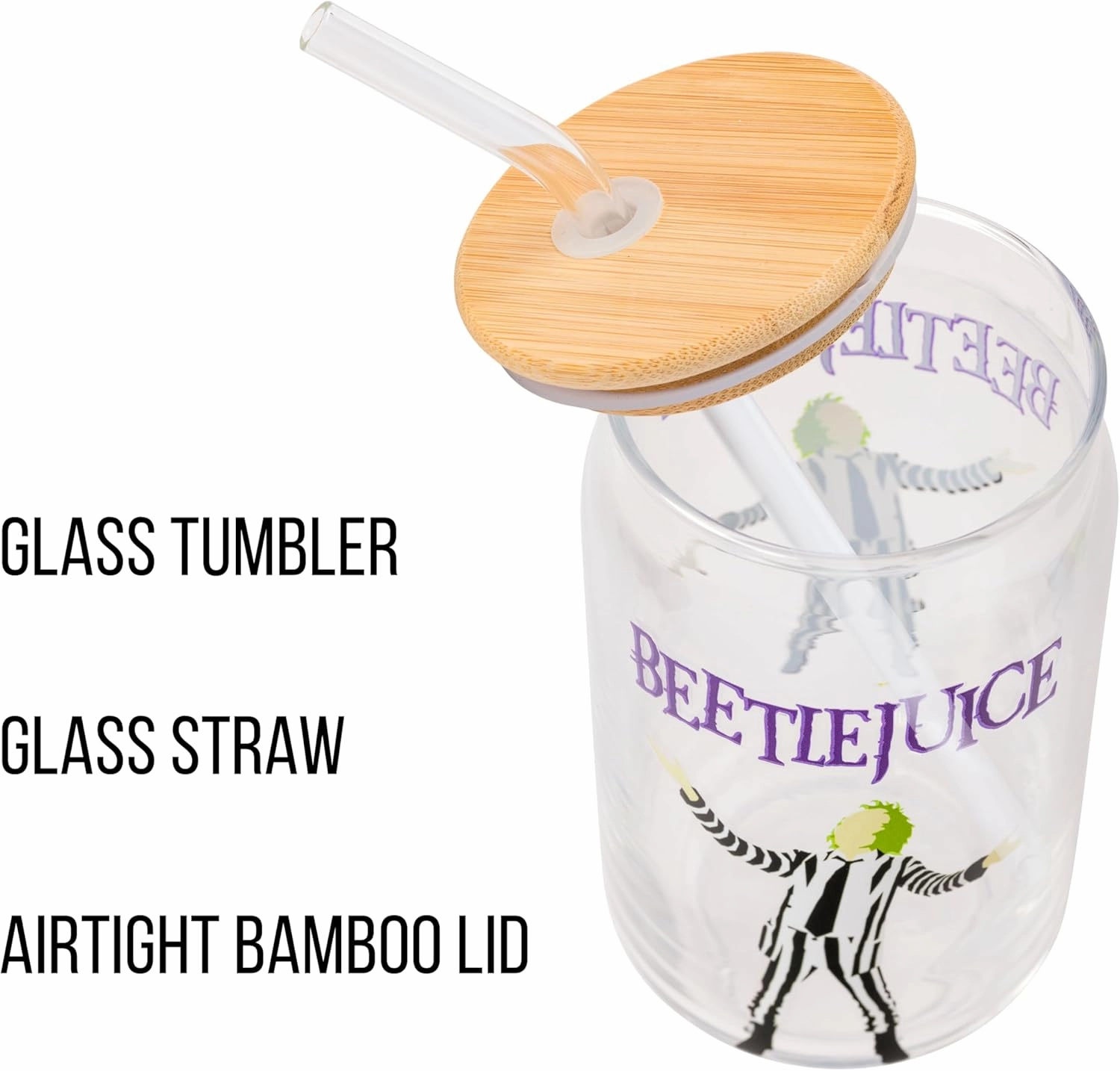 Silver Buffalo Tim Burton Beetlejuice Glass Jar Tumbler with Bamboo Lid and Glass Straw, 16 Ounces