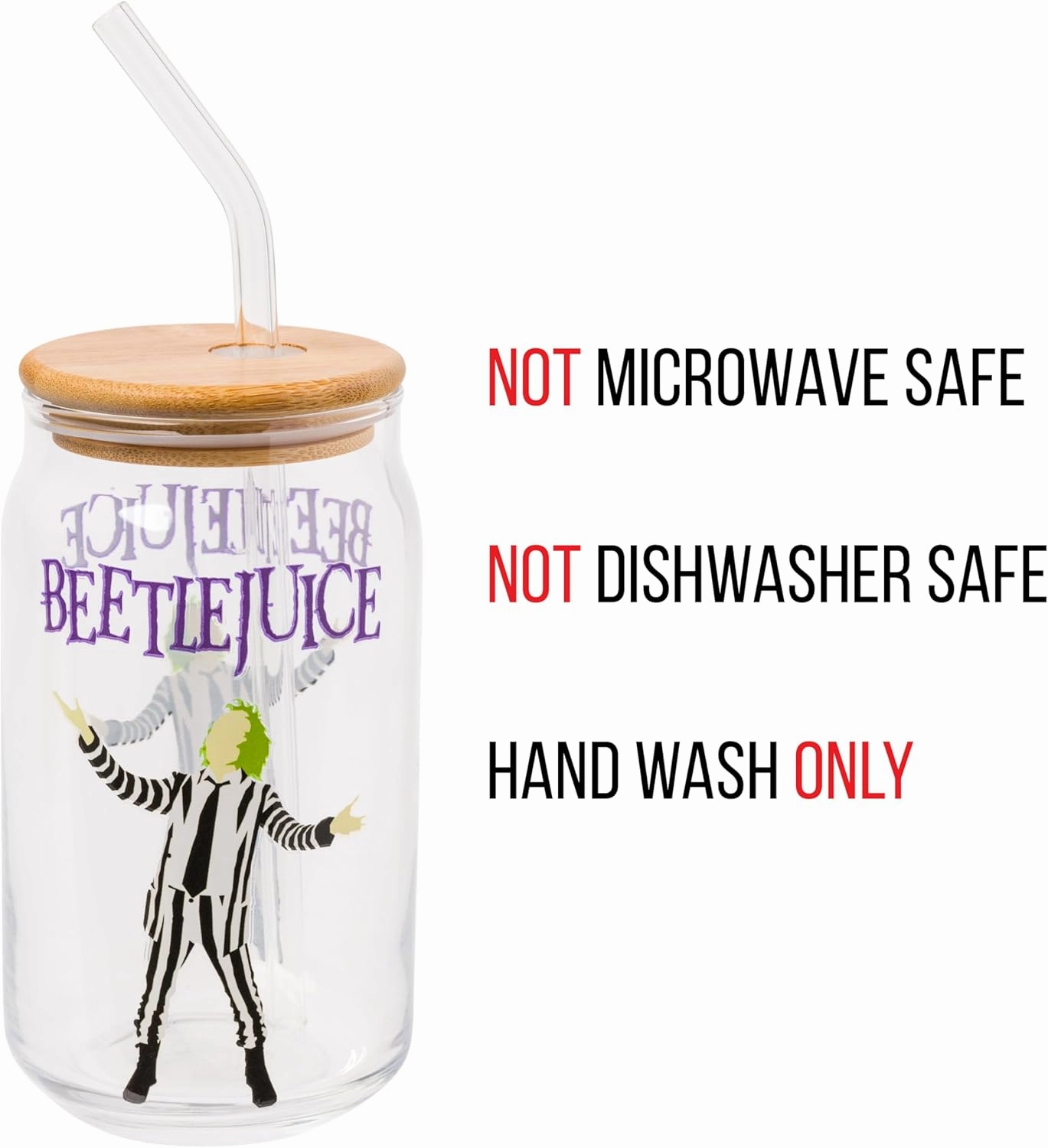 Silver Buffalo Tim Burton Beetlejuice Glass Jar Tumbler with Bamboo Lid and Glass Straw, 16 Ounces