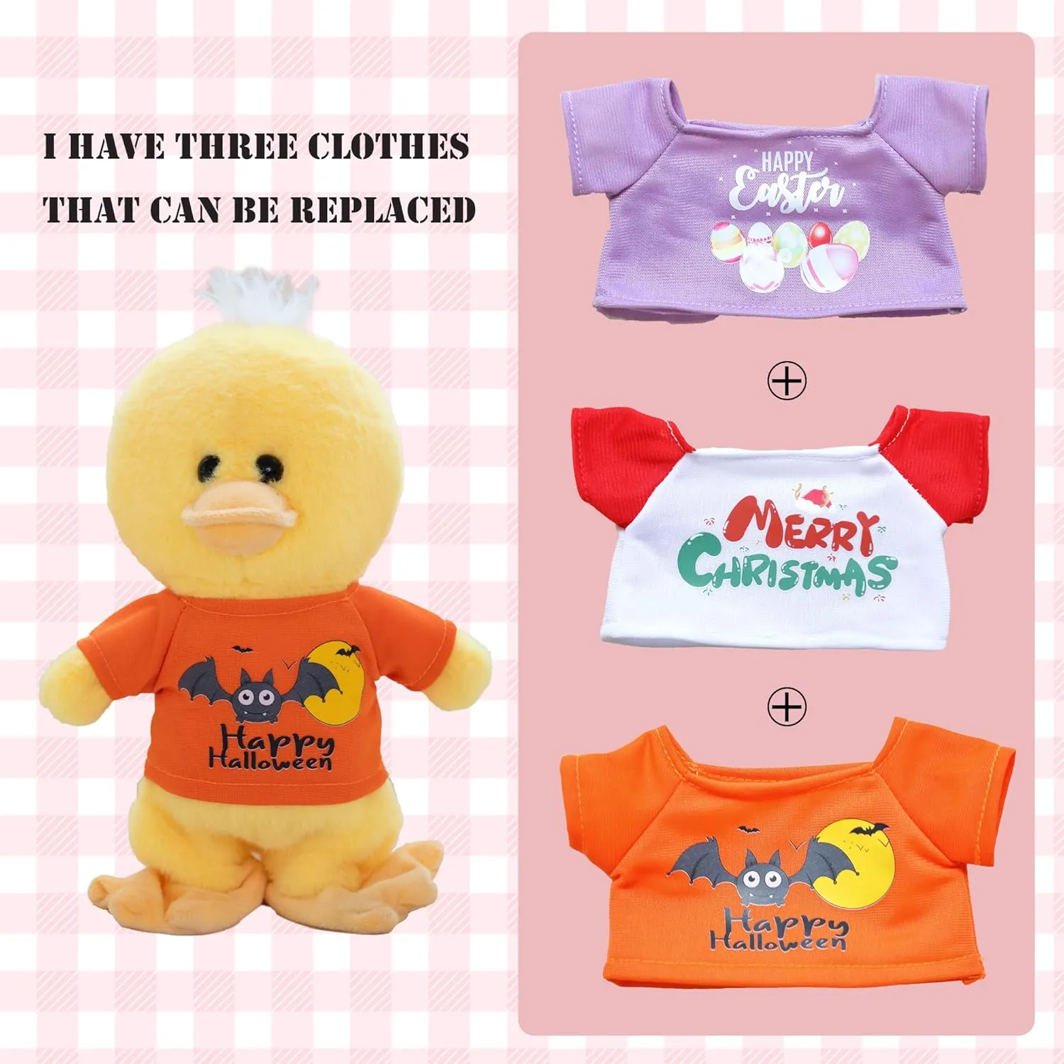 Singing Dancing Easter Plush Duck Three Holiday Outfits Interactive Plush Toy Musical Stuffed Animal Easter Decoration Kids Gift for Girls Boys Yellow 8.3"