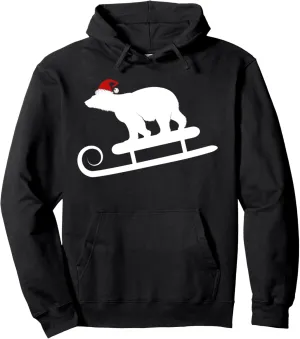 Sledding Polar Bear With Santa Hat Christmas Holiday Pullover Hoodie