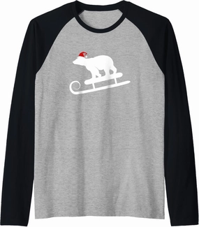 Sledding Polar Bear With Santa Hat Christmas Holiday Raglan Baseball Tee
