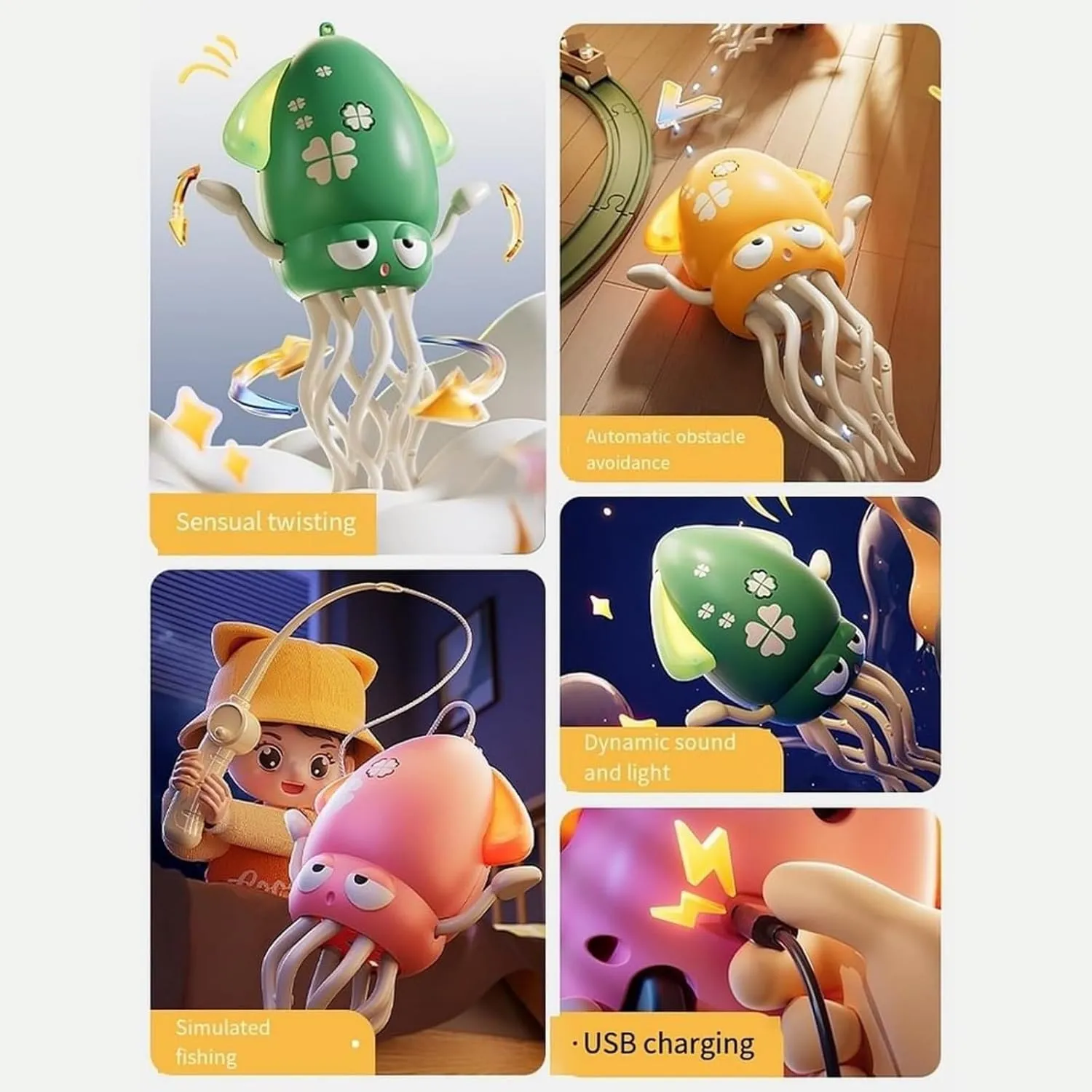 Smart Tentacle Explorer, Magic Dancing Octopus Toy, Electric Dancing Octopus Baby Toy, Crazy 8-Leg Auto-Dance Octopus Toys, Automatic Evasion Toys with LED Light and Music (Yellow Fishing Rod)
