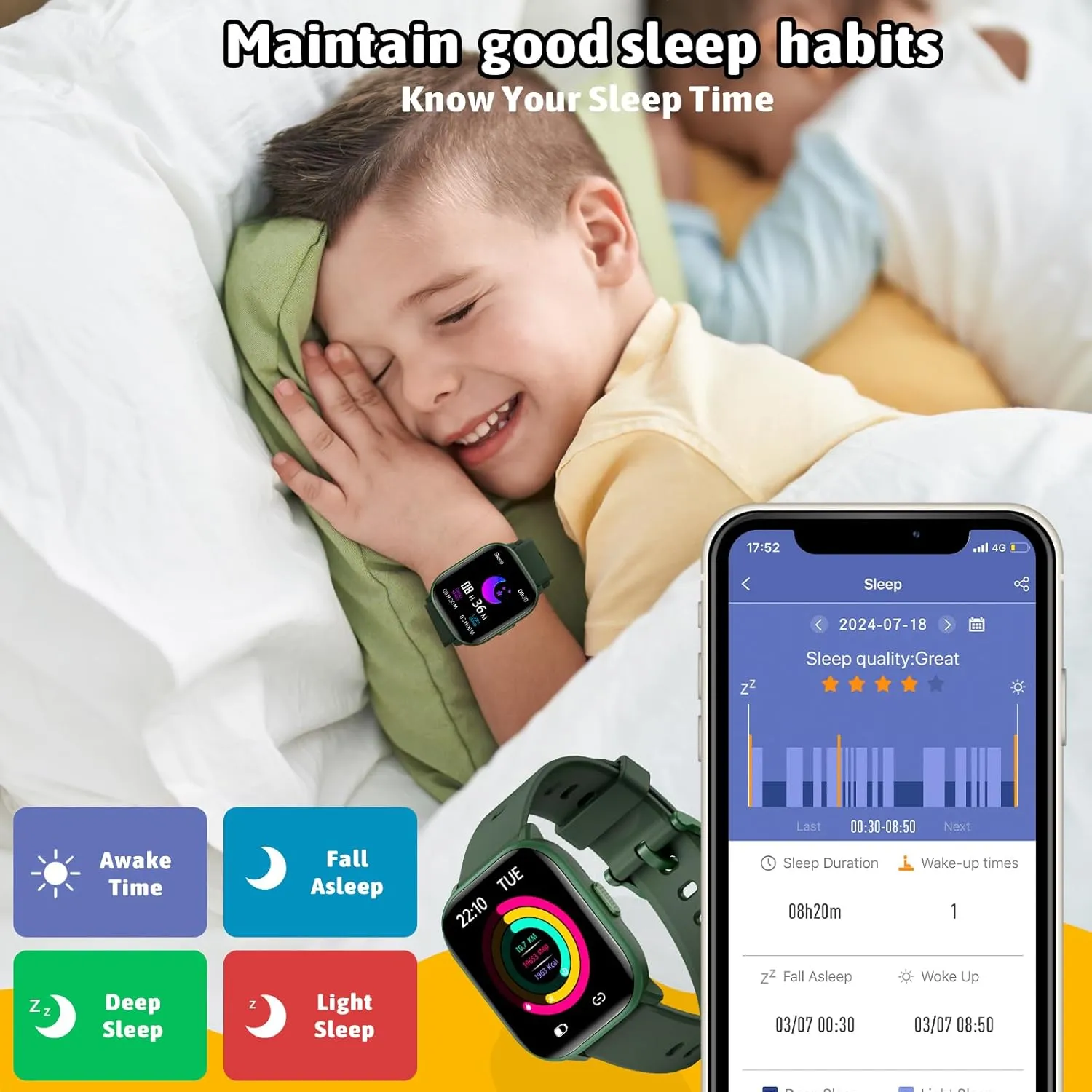 SmartWatch for Kids,Kids Watch Girls Boys Watch with 20 Sport Modes, Pedometer, Sleep Monitor, Kids Sport Watches Birthday Gifts Toy Gift for Girls Boys 6-16 (Green)