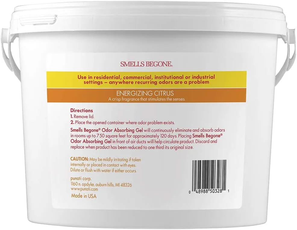 SMELLS BEGONE Odor Absorber Gel - Air Freshener & Odor Eliminator for Homes, Garages & Commercial Buildings - Industrial Size - Energizing Citrus Scent - 1 Gallon