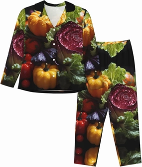 Soft Women's Pajama Set Long Sleeve - Fresh Cabbage Print Cozy Sleepwear Loungewear Pjs, for Relaxing at Home