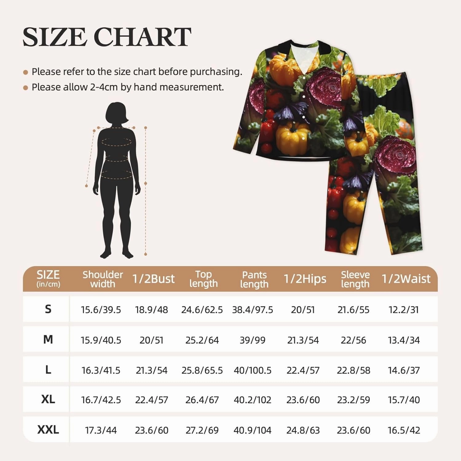 Soft Women's Pajama Set Long Sleeve - Fresh Cabbage Print Cozy Sleepwear Loungewear Pjs, for Relaxing at Home