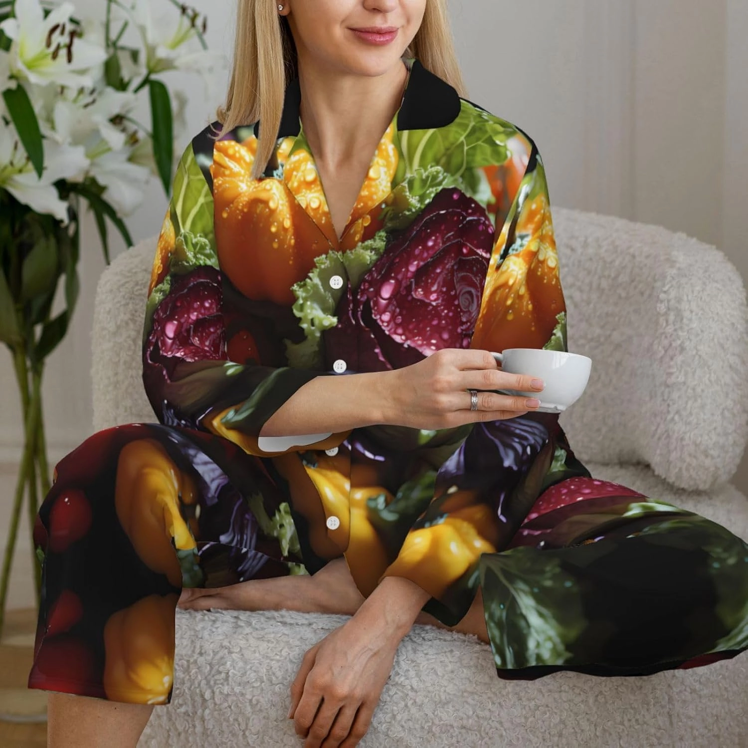 Soft Women's Pajama Set Long Sleeve - Fresh Cabbage Print Cozy Sleepwear Loungewear Pjs, for Relaxing at Home