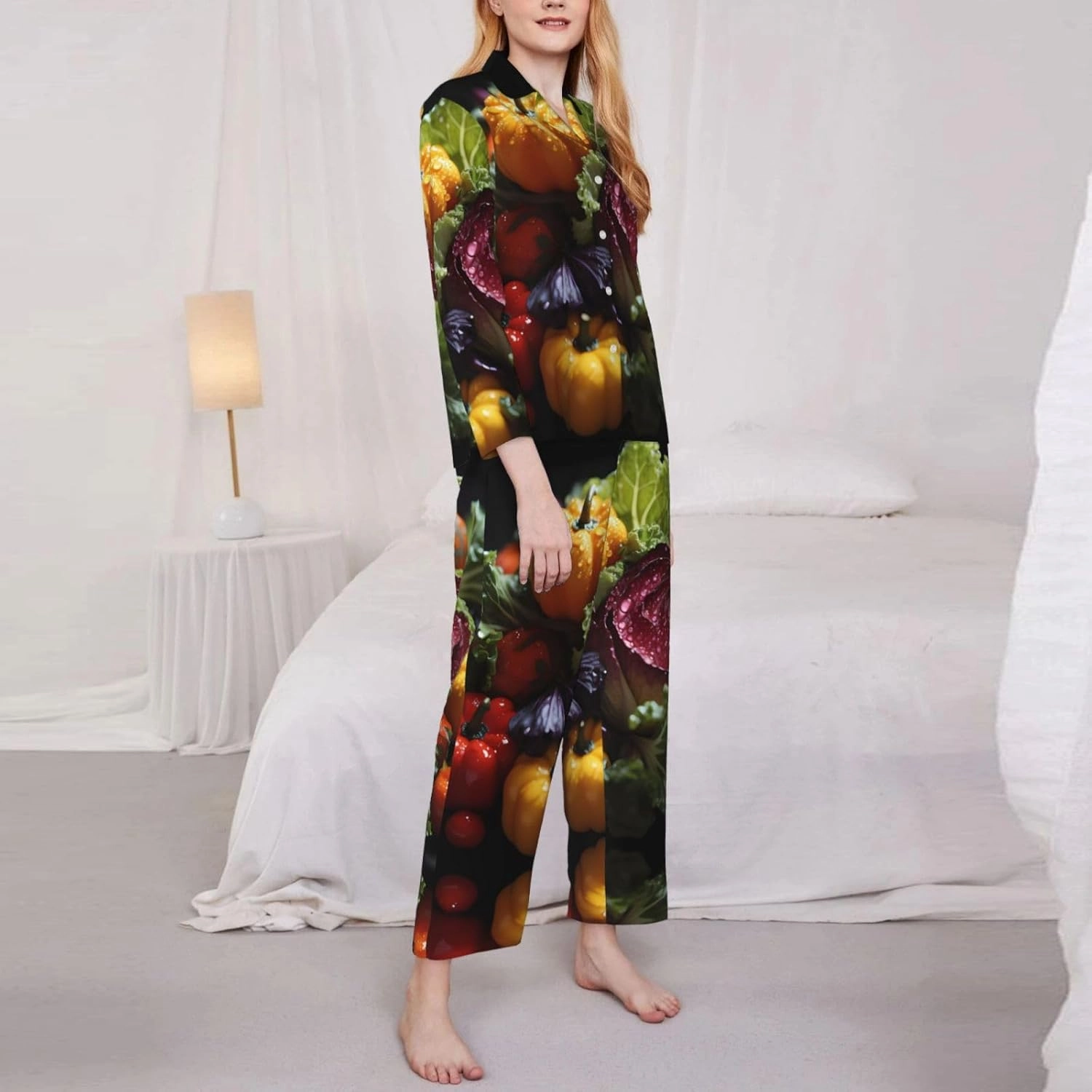 Soft Women's Pajama Set Long Sleeve - Fresh Cabbage Print Cozy Sleepwear Loungewear Pjs, for Relaxing at Home