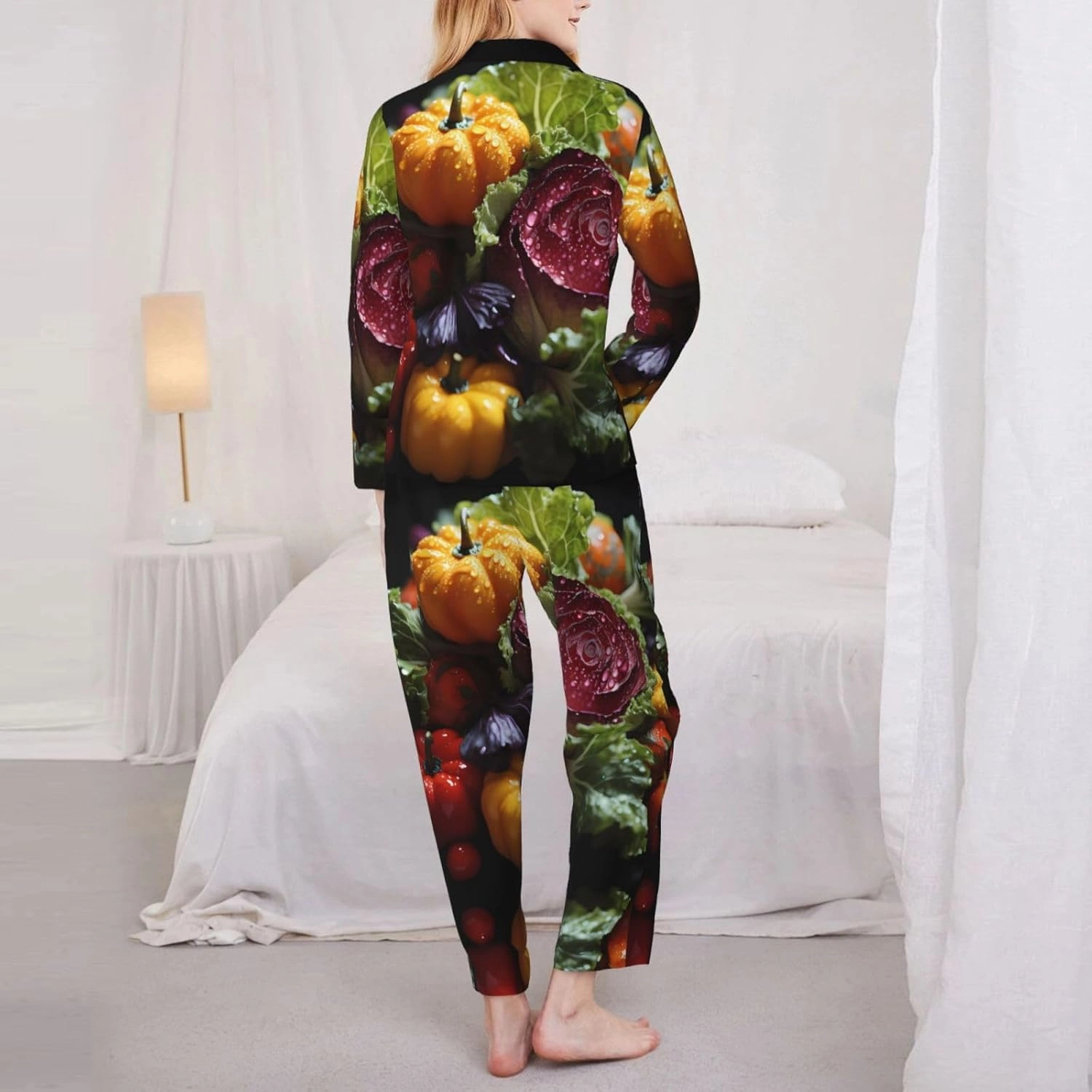 Soft Women's Pajama Set Long Sleeve - Fresh Cabbage Print Cozy Sleepwear Loungewear Pjs, for Relaxing at Home