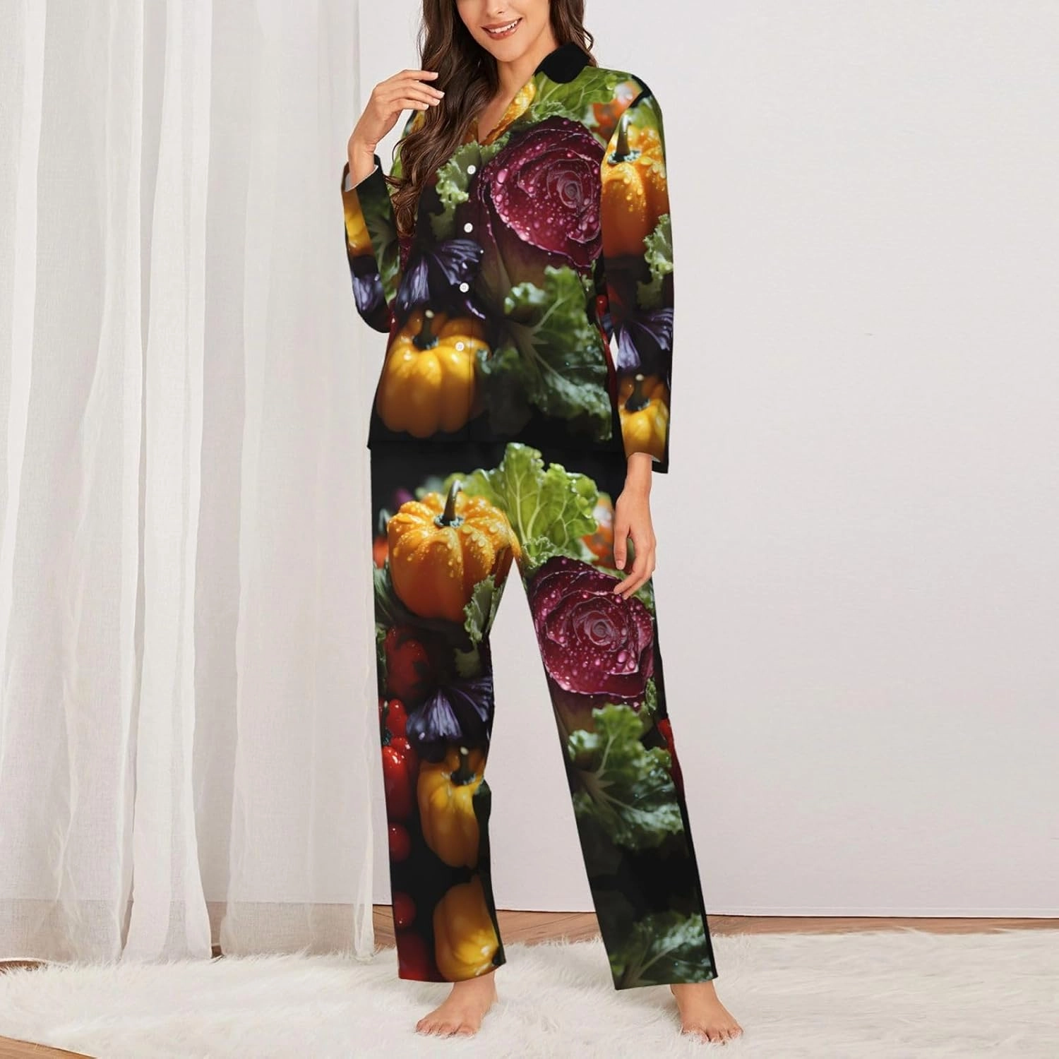Soft Women's Pajama Set Long Sleeve - Fresh Cabbage Print Cozy Sleepwear Loungewear Pjs, for Relaxing at Home