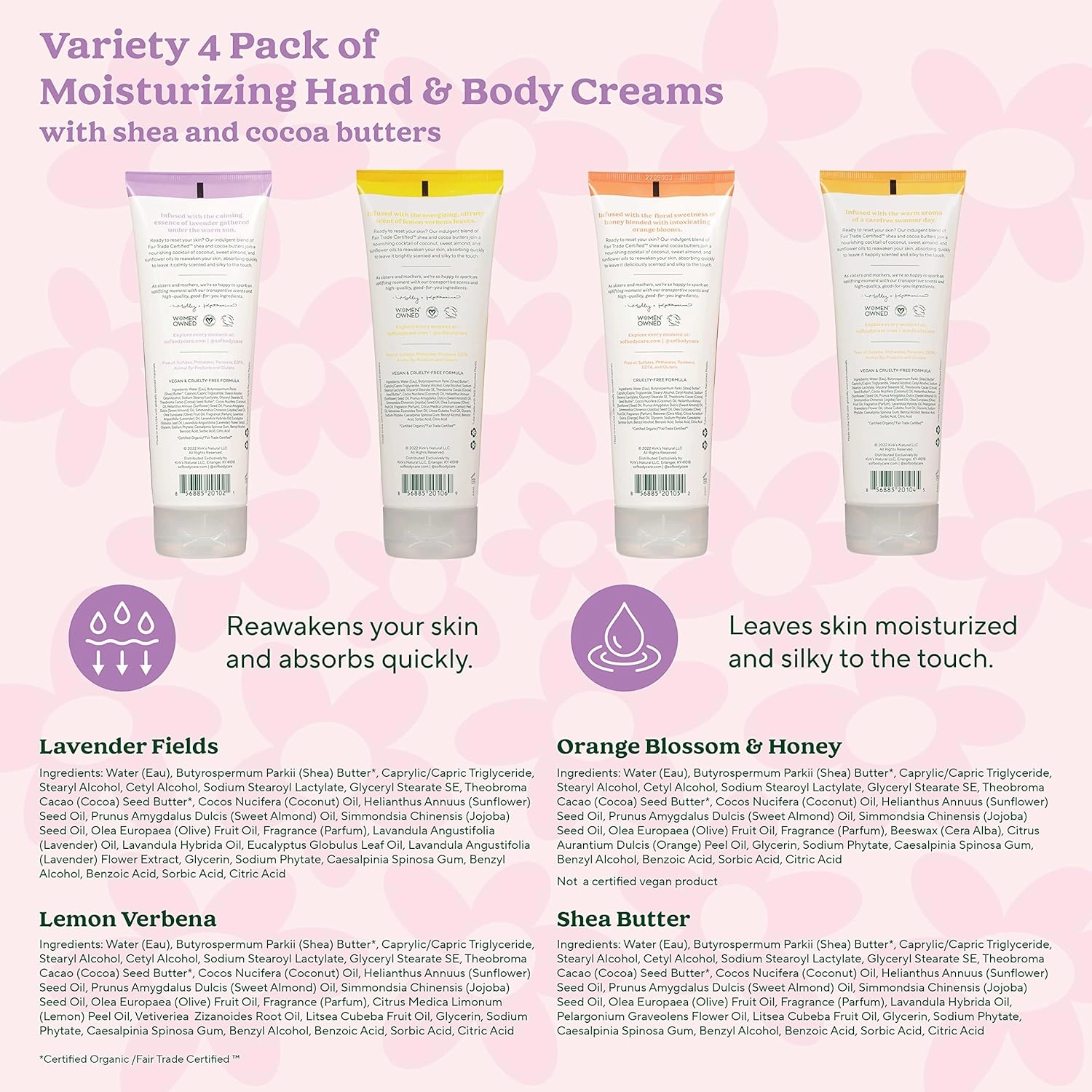 South Of France SoF Moisturizing Hand & Body Cream - With Organic Shea   Cocoa Butter and Sweet Almond Oil,Non GMO & Vegan,Variety Pack, 8 Fl Oz, 4 Pack