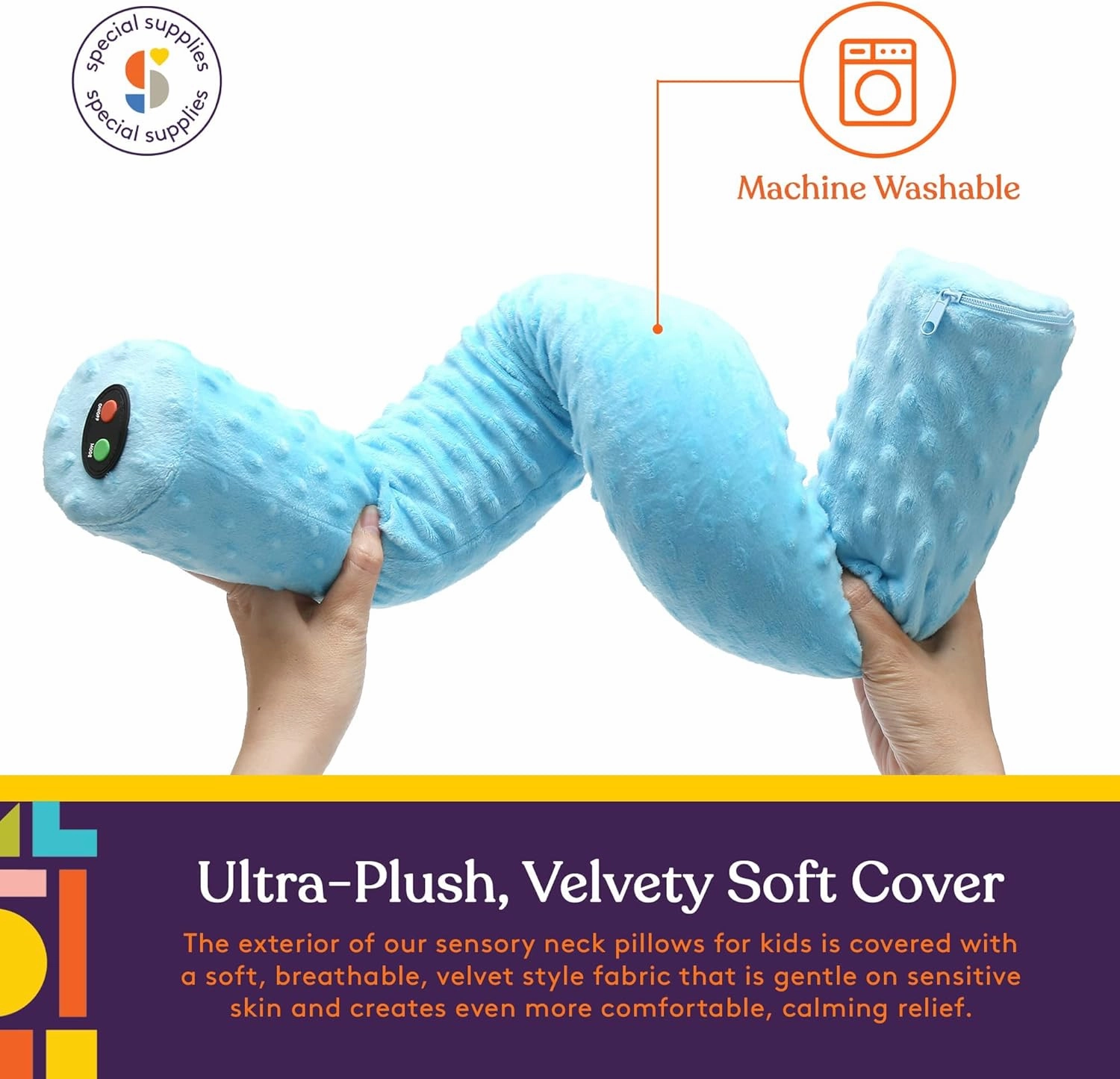 Special Supplies Sensory Vibrating Neck Pillow for Kids and Adults Plush Velvet Soft Cover with Textured Therapy Stimulation, Mind and Body Calming Relaxation - Blue