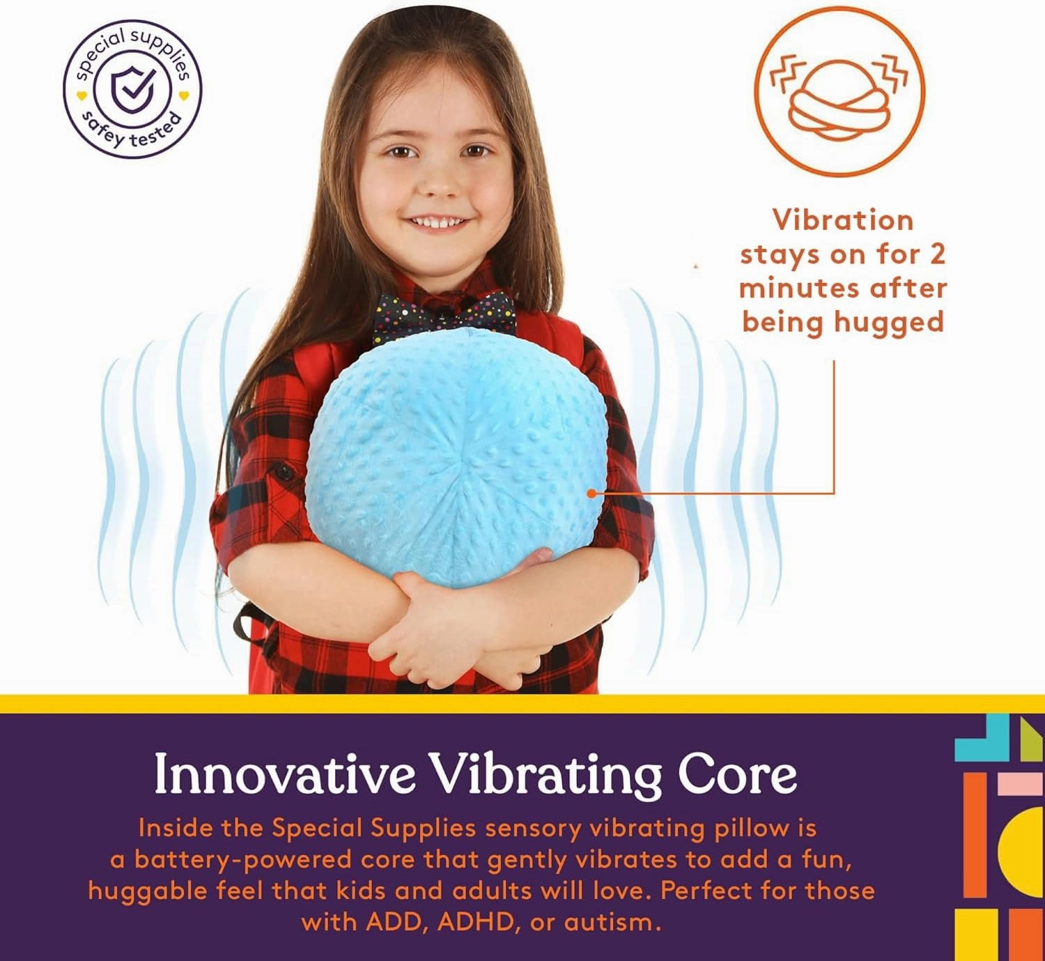 Special Supplies Vibrating Ball Pillow Sensory Pressure Activated for Kids and Adults, Plush Minky Soft Cover with Textured Therapy Stimulation Bumps, Blue