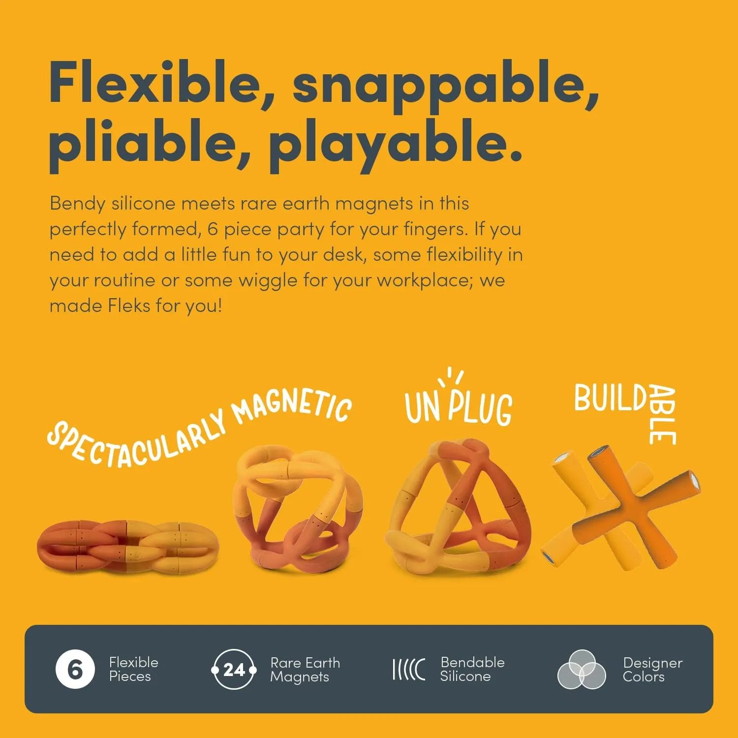 Speks Fleks Flexible Silicone Magnetic Fidget Toy - Fun Desk Toy for Adults & Teens 14  | Sensory Gadget, Stress Relief | 6-Piece Set, Marigold