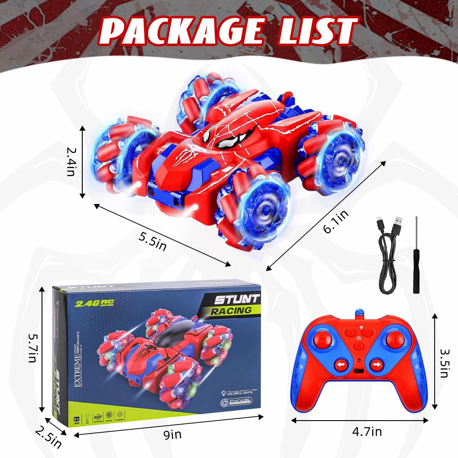 Spider Remote Control Car for Kids 4-7 - RC Stunt Car Toys for Boys and Girls Aged 3 4 5 6 7 8 9 10 11 12 Christmas Birthday Gifts - 360° Rotating Car Toy with LED Light (Red)