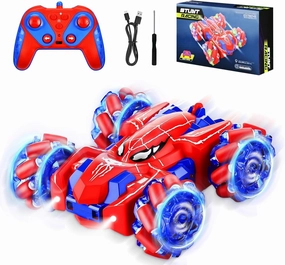 Spider Remote Control Car for Kids 4-7 - RC Stunt Car Toys for Boys and Girls Aged 3 4 5 6 7 8 9 10 11 12 Christmas Birthday Gifts - 360° Rotating Car Toy with LED Light (Red)
