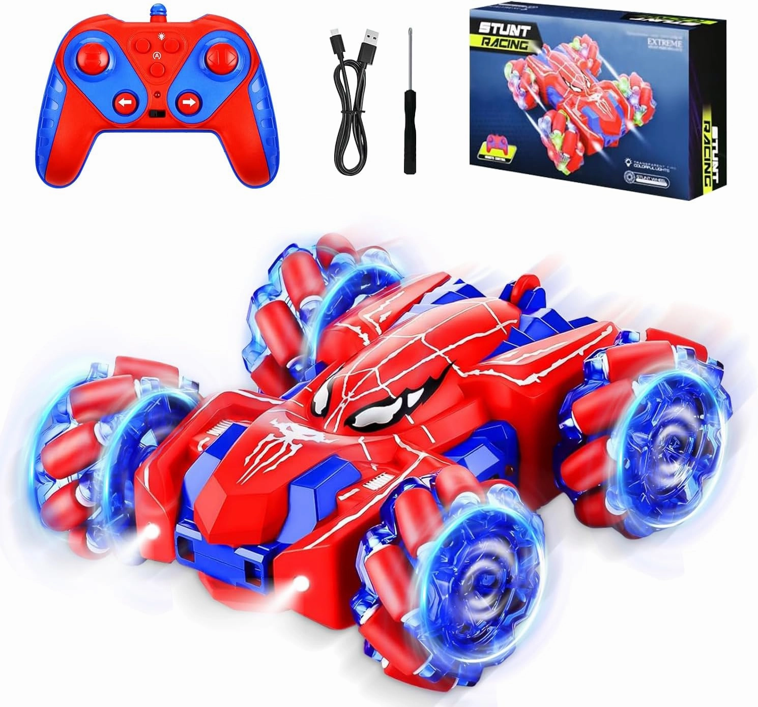 Spider Remote Control Car for Kids 4-7 - RC Stunt Car Toys for Boys and Girls Aged 3 4 5 6 7 8 9 10 11 12 Christmas Birthday Gifts - 360° Rotating Car Toy with LED Light (Red)