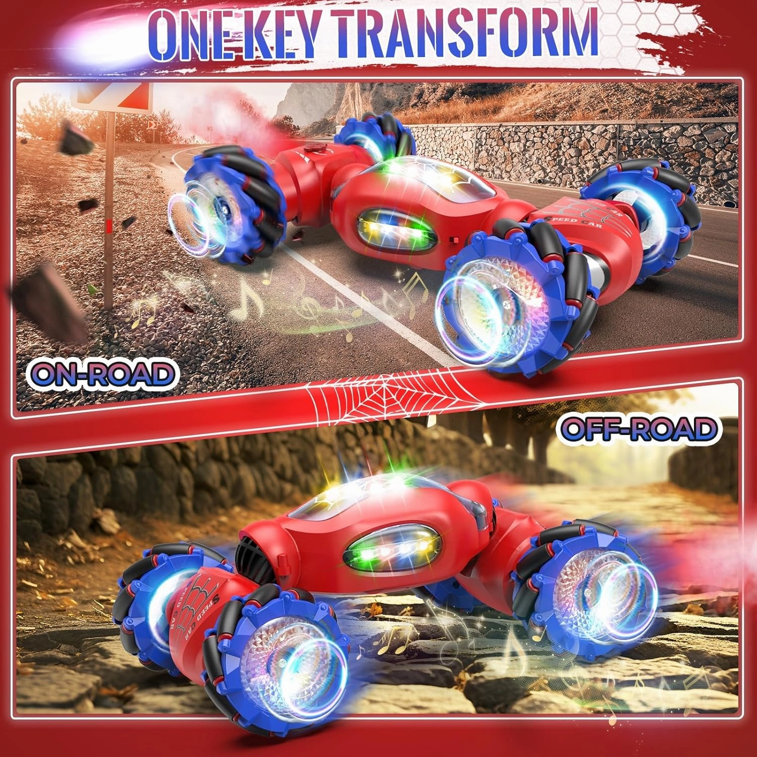 Spider Remote Control Car Toys for 6-12 Boys Girls, Birthday Gifts for Kids, 2.4Ghz 4WD Gesture Sensing RC Stunt Car with Light & Music & Spray, Double-Sided 360° Rotating Hand Control