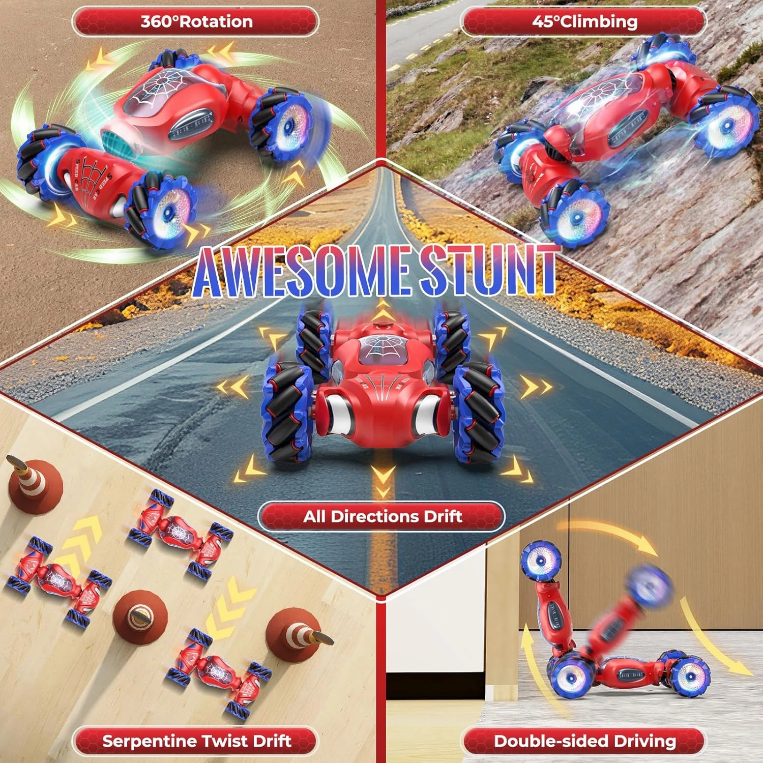 Spider Remote Control Car Toys for 6-12 Boys Girls, Birthday Gifts for Kids, 2.4Ghz 4WD Gesture Sensing RC Stunt Car with Light & Music & Spray, Double-Sided 360° Rotating Hand Control