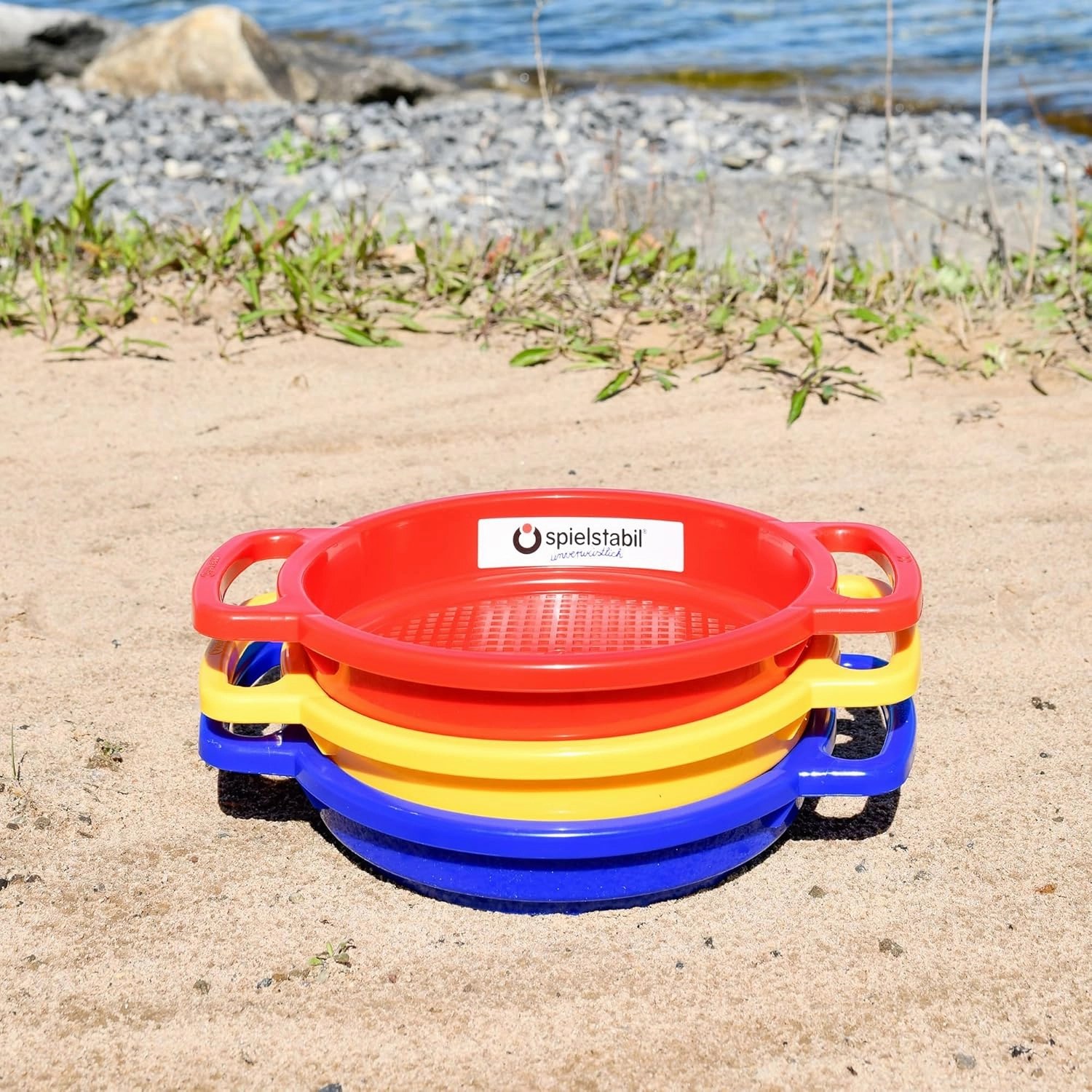 Spielstabil 3 Pack Large Sand Sieve Beach Toy (1 Red, 1 Yellow, 1 Blue) - Made in Germany