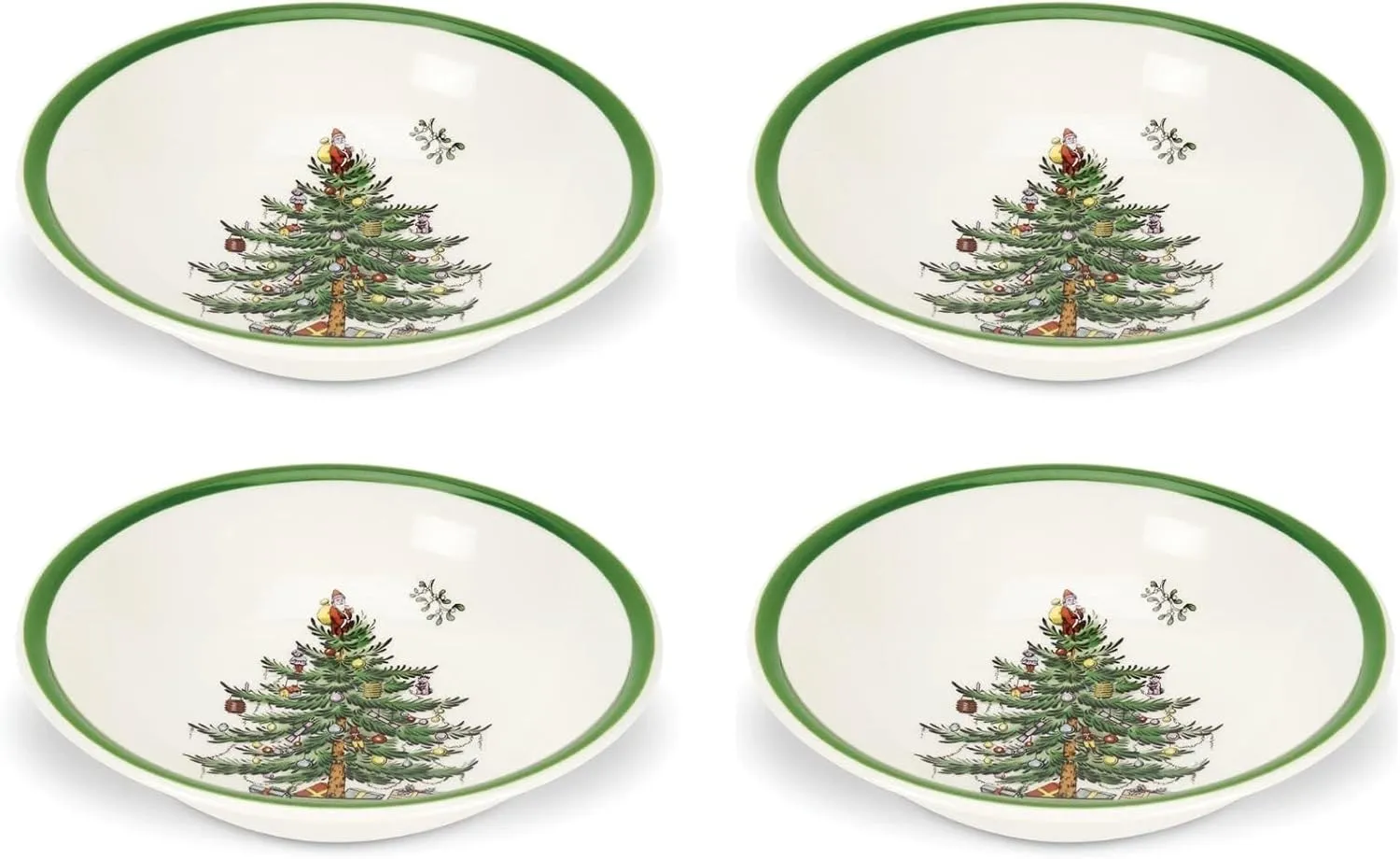 Spode Christmas Tree Ascot 8-Inch Cereal Bowls - Set of 4, Durable Earthenware Bowls for Breakfast, Oatmeal, Cereal, or Soup - Festive Design, Microwave and Dishwasher Safe - Beautifully Gift Boxed