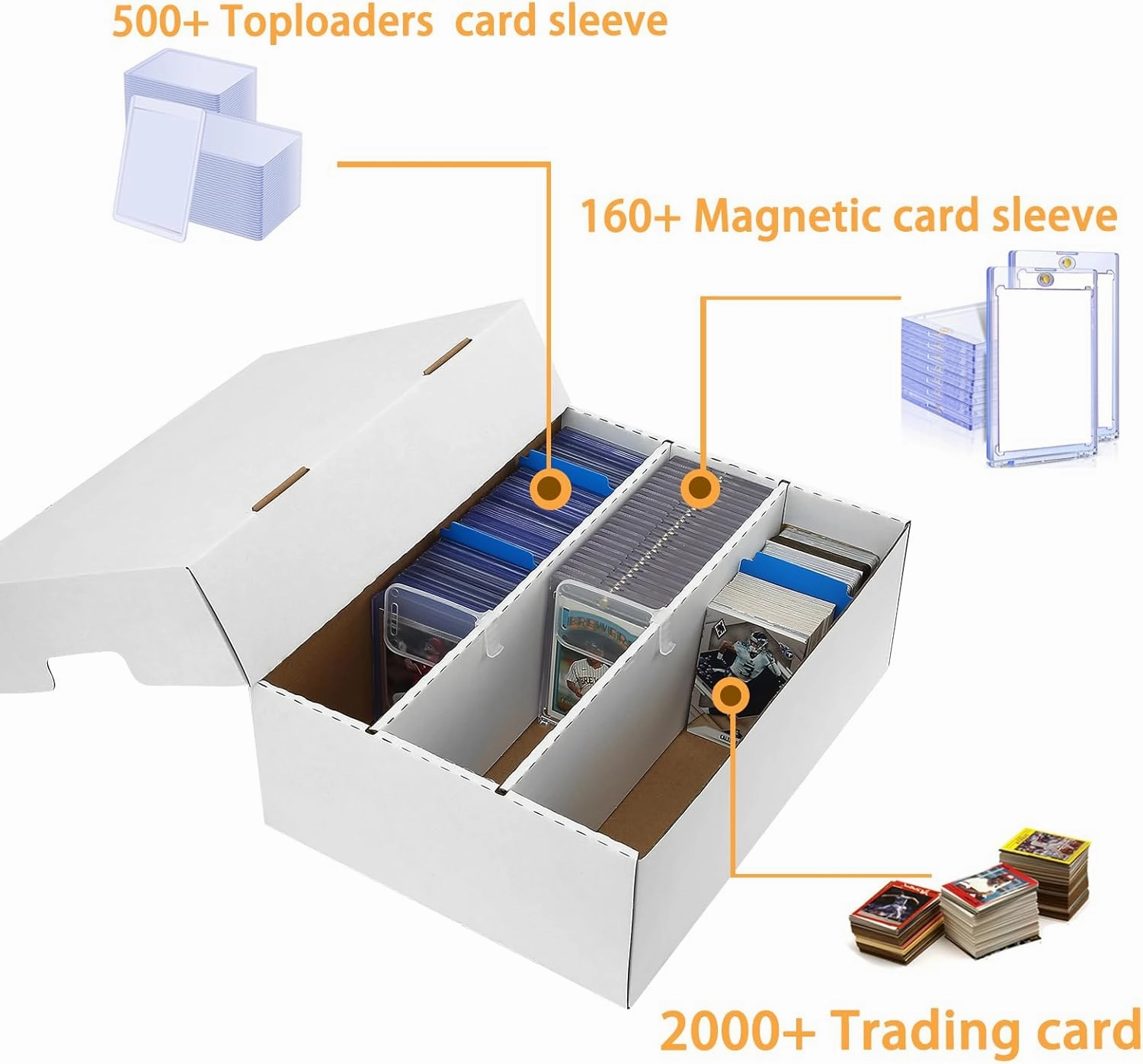 Sports Card Boxes 2400 Count Cardboard Cards Storage Box White with 8 Dividers and 50 Counts Sleeves,Storage Box for TCG/Magic/Mtg storage and Collection