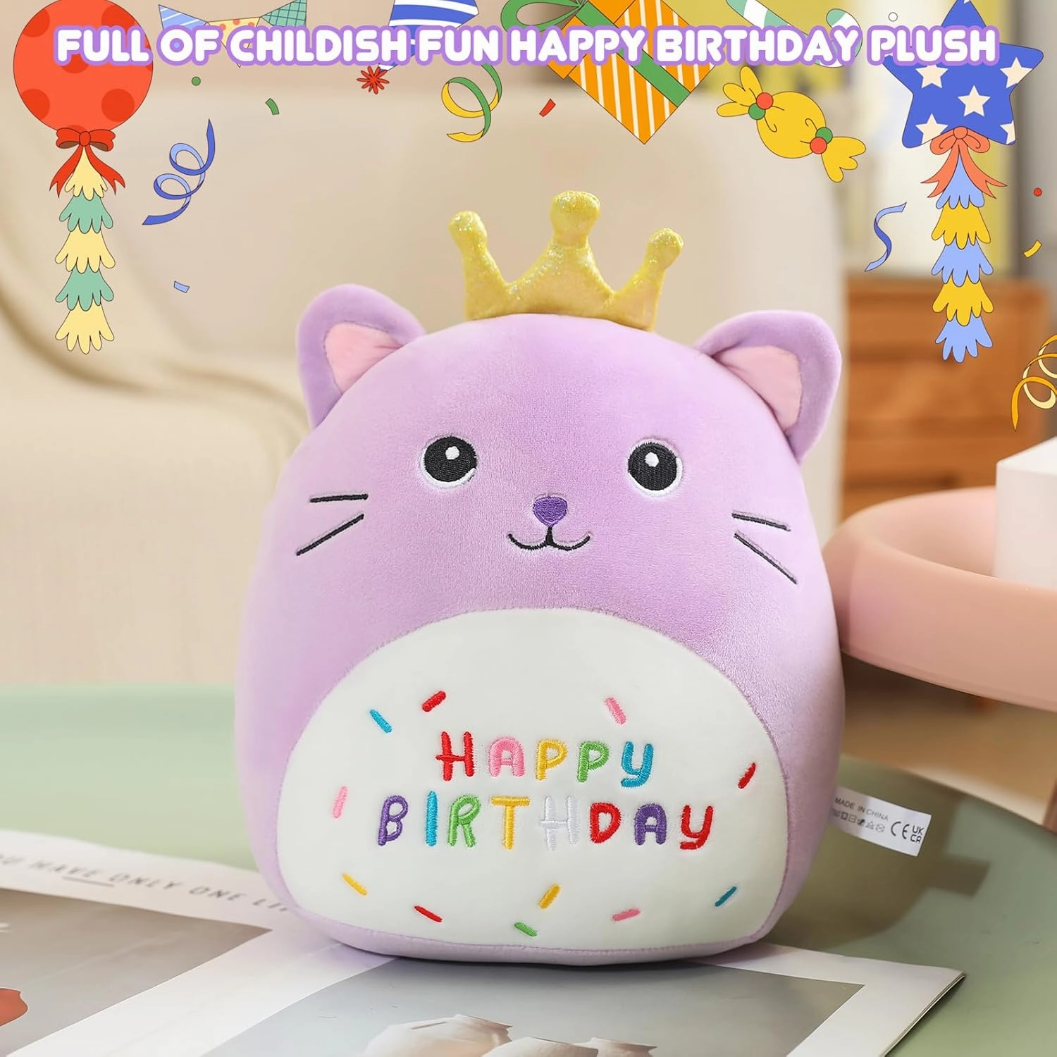 SQEQE Cat Stuffed Animal Kawaii Cat Plushie with Golden Crown Soft Kitty Stuffed Toy Birthday Party Decoration Gift for Kids Girls Boys(Purple Caticorn,14 Inch)