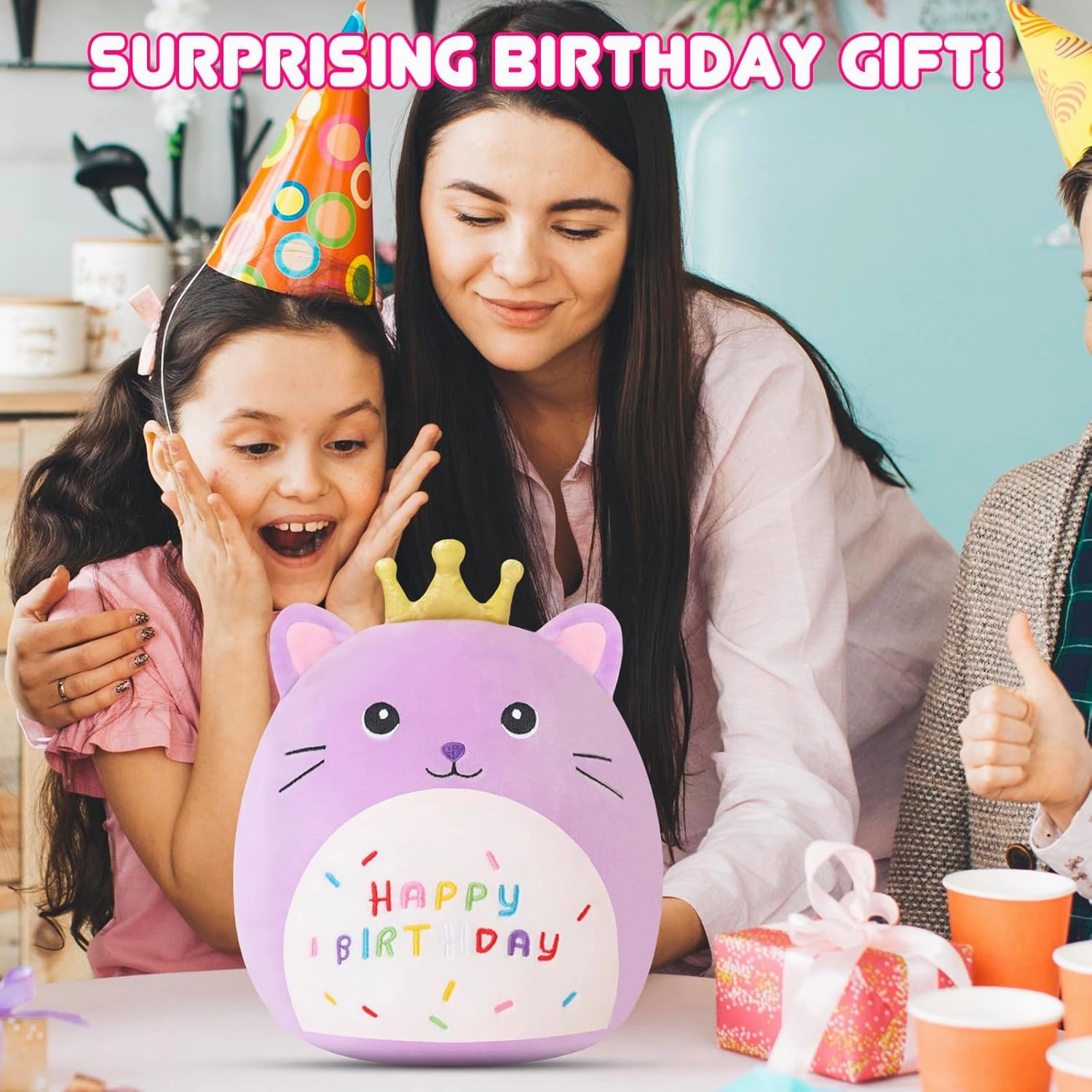 SQEQE Cat Stuffed Animal Kawaii Cat Plushie with Golden Crown Soft Kitty Stuffed Toy Birthday Party Decoration Gift for Kids Girls Boys(Purple Caticorn,14 Inch)