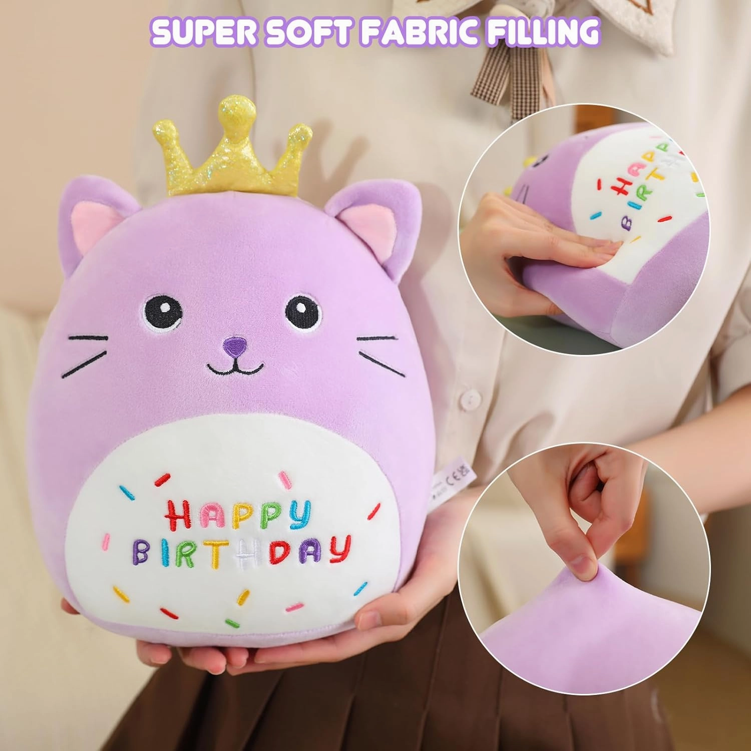 SQEQE Cat Stuffed Animal Kawaii Cat Plushie with Golden Crown Soft Kitty Stuffed Toy Birthday Party Decoration Gift for Kids Girls Boys(Purple Caticorn,14 Inch)