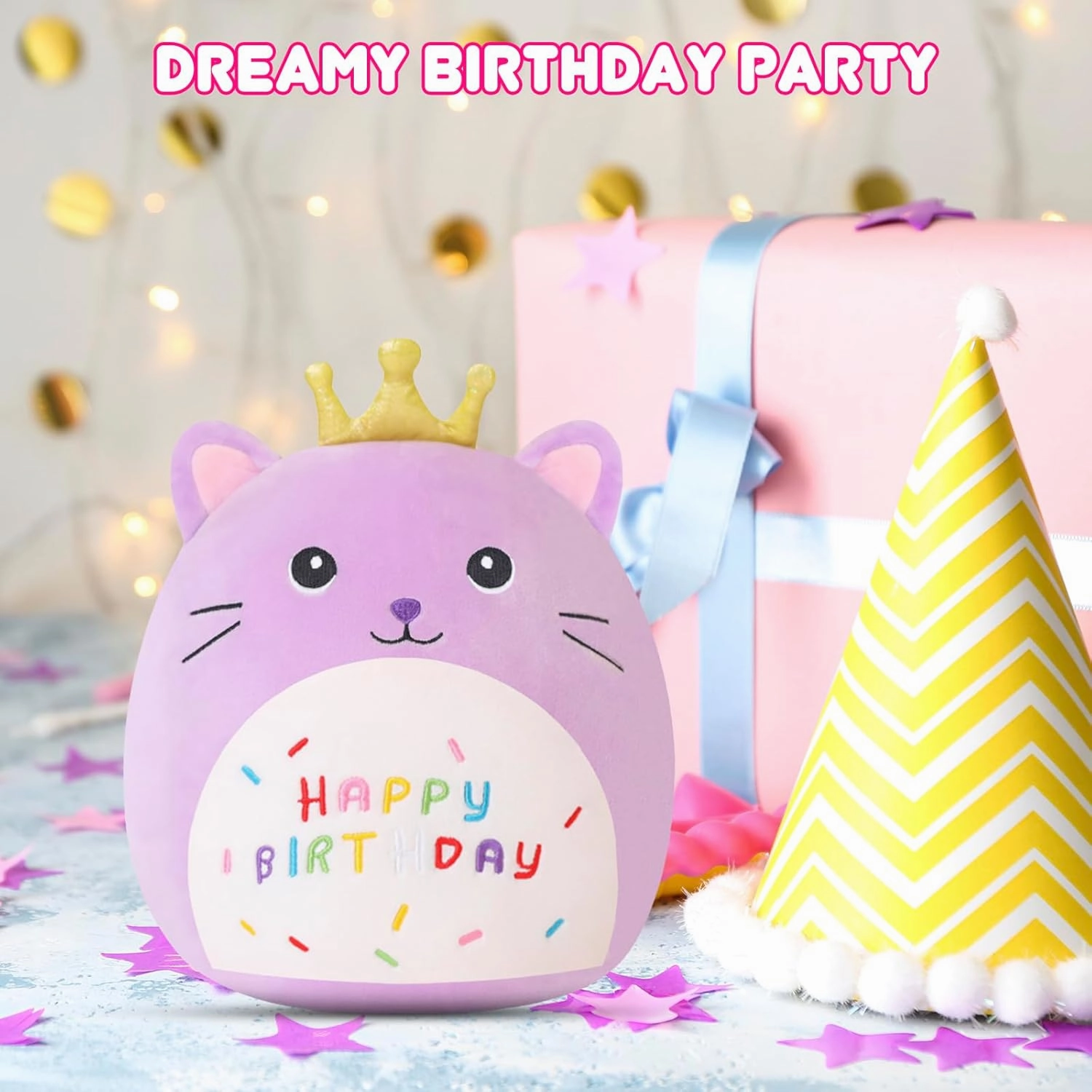 SQEQE Cat Stuffed Animal Kawaii Cat Plushie with Golden Crown Soft Kitty Stuffed Toy Birthday Party Decoration Gift for Kids Girls Boys(Purple Caticorn,14 Inch)