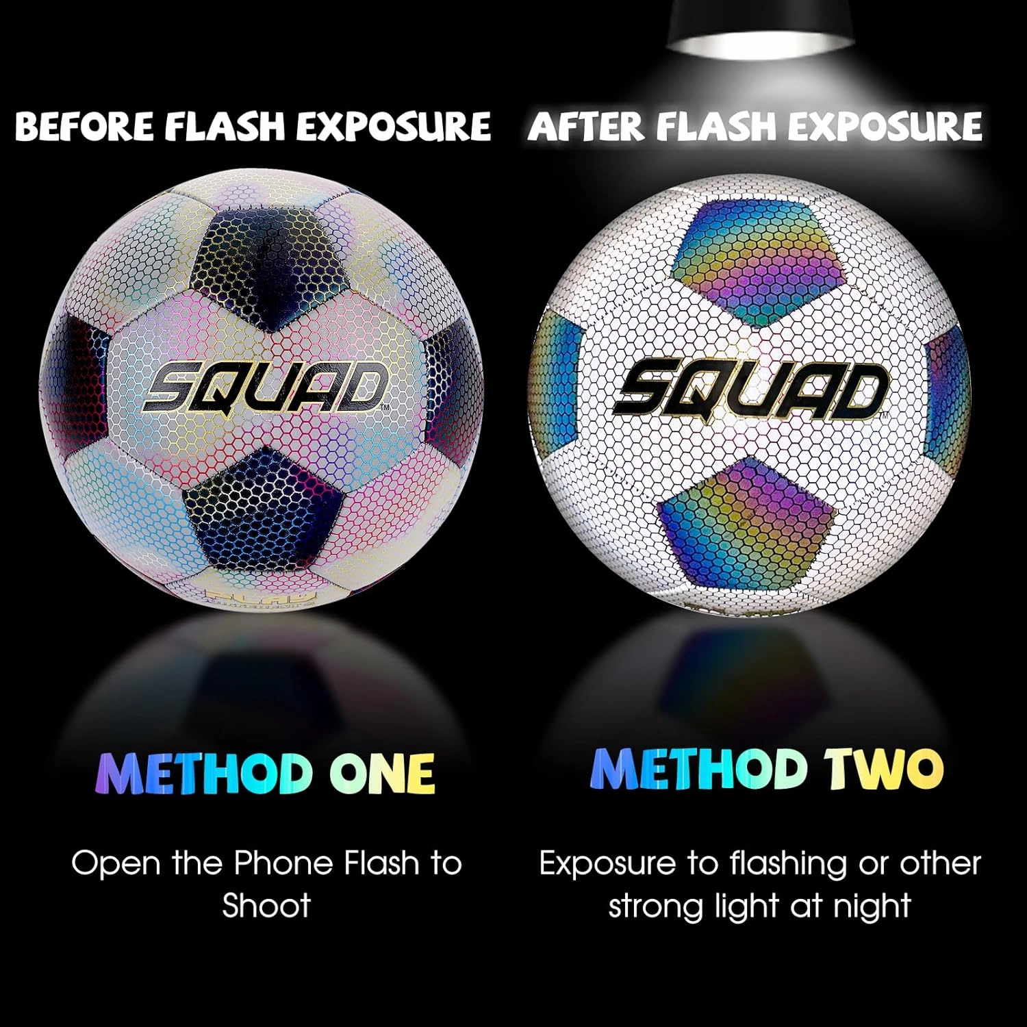 SQUAD Holographic Reflective Soccer Ball Size 5 - Reflective Glowing Ball for Night Games & Training - Durable PU Leather and Rubber Airbags - Cool & Unique Gift for Soccer Fans