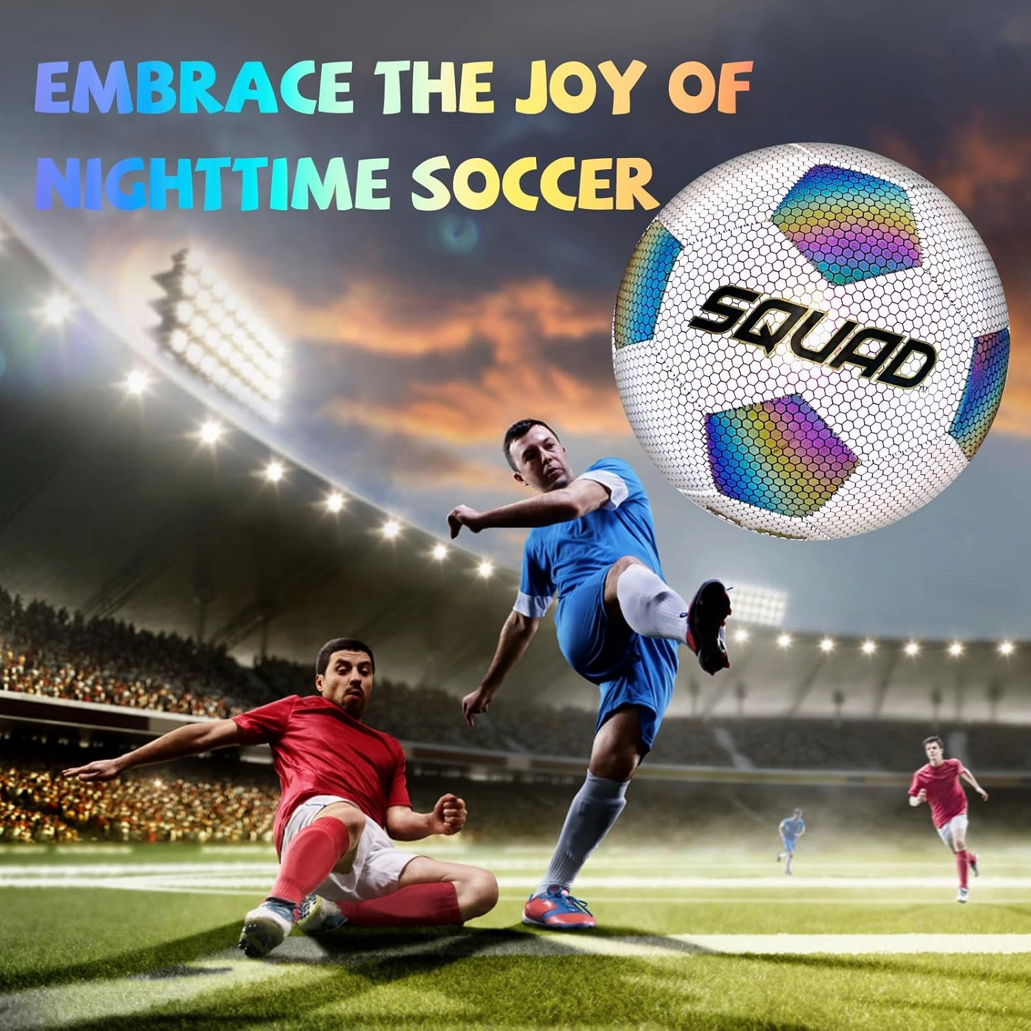 SQUAD Holographic Reflective Soccer Ball Size 5 - Reflective Glowing Ball for Night Games & Training - Durable PU Leather and Rubber Airbags - Cool & Unique Gift for Soccer Fans