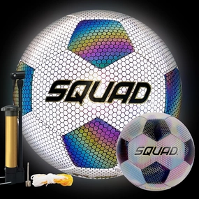 SQUAD Holographic Reflective Soccer Ball Size 5 - Reflective Glowing Ball for Night Games & Training - Durable PU Leather and Rubber Airbags - Cool & Unique Gift for Soccer Fans